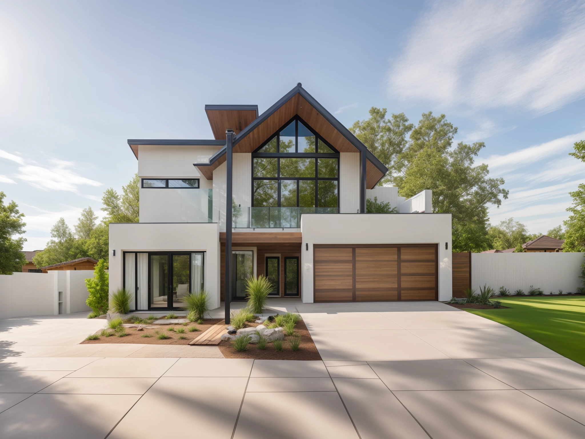 RAW photo,Masterpiece, high quality, best quality, authentic, super detail,
exterior, outdoors, house style modern on the streets with white wall, glass windows, wooden ceiling, decorative brick array, fence gate, trees, road, beautiful summer sky, straight roof