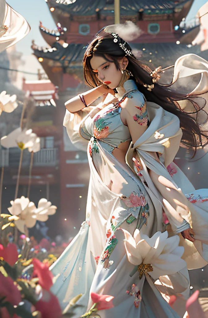 nsfw, zhongfenghua, 1girl, solo, hanfu, ancient_chinese_architecture, flower field, blossom, (white smoke:1.3) (photorealistic:1.4), zentangle, mandala, entangle, official art, unity 8k wallpaper, ultra detailed, beautiful and aesthetic, masterpiece,best quality, (dynamic angle:1.4), glowing skin, (floating colorful sparkles:1) the most beautiful form of chaos, elegant, a brutalist designed, vivid colours, romanticism depth of field exotic_dance, half_naked, dancing