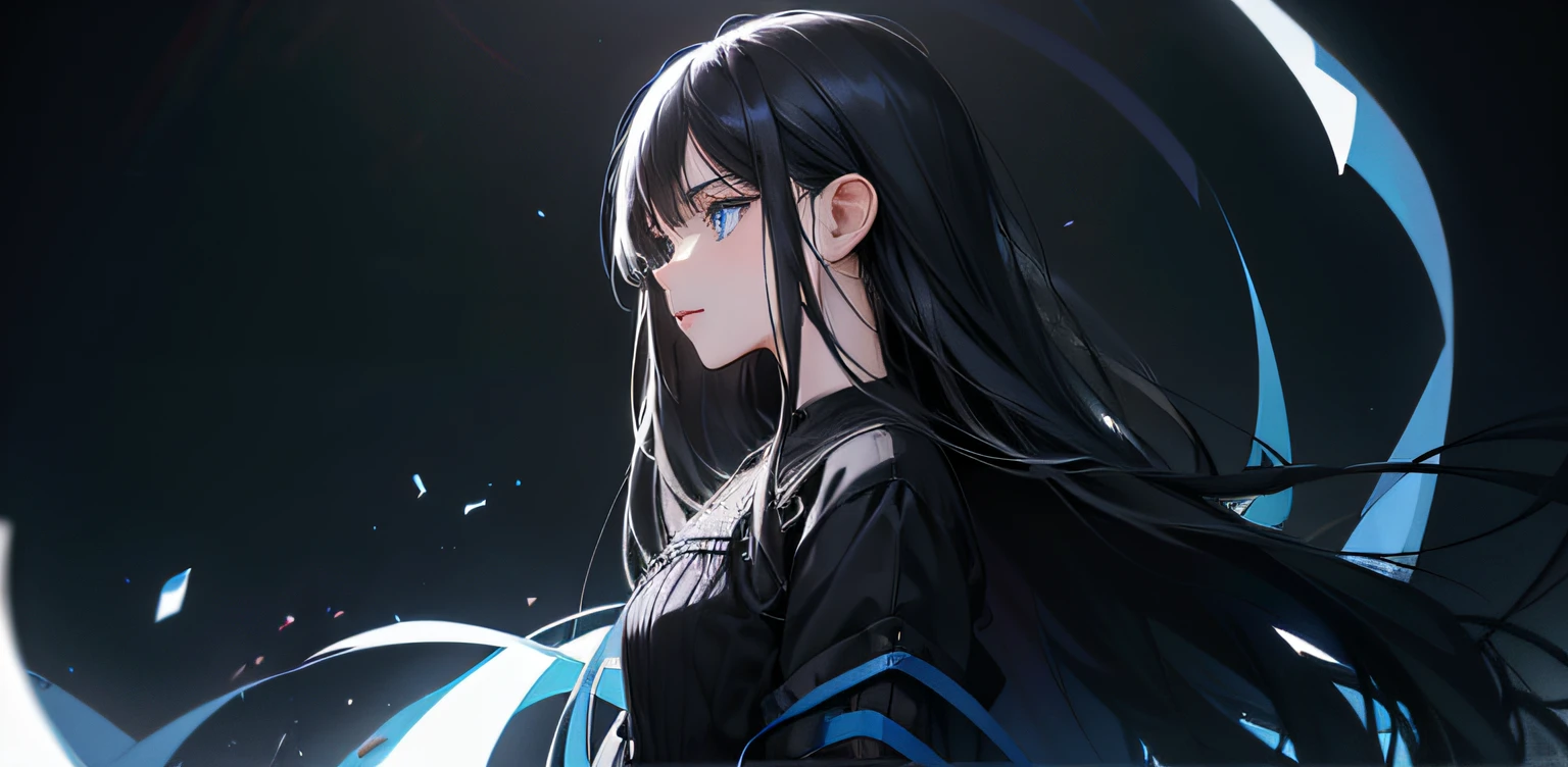 1 girl, high res, long black hair, blue eyes, wearing cute and modest black dress, weak, frustrated, hesitation, scared, detailed face, dark background, ultrasharp, 8K, masterpiece, looking at the sides