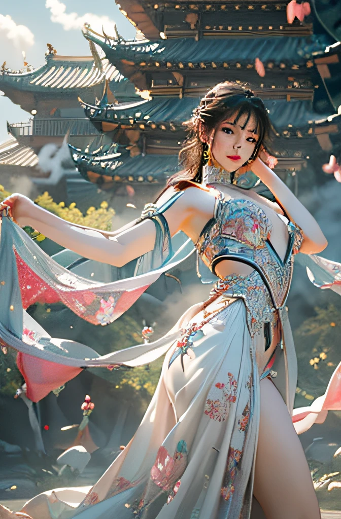 nsfw, zhongfenghua, 1girl, solo, hanfu, ancient_chinese_architecture, flower field, blossom, (white smoke:1.3) (photorealistic:1.4), zentangle, mandala, entangle, official art, unity 8k wallpaper, ultra detailed, beautiful and aesthetic, masterpiece,best quality, (dynamic angle:1.4), glowing skin, (floating colorful sparkles:1) the most beautiful form of chaos, elegant, a brutalist designed, vivid colours, romanticism depth of field exotic_dance, half_naked, dancing
