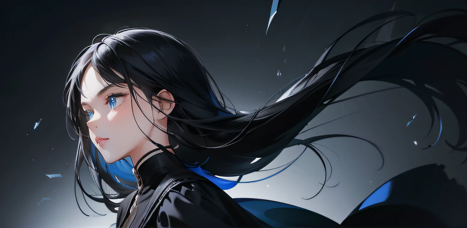 1 girl, high res, long black hair, blue eyes, wearing cute and modest black dress, weak, frustrated, hesitation, scared, detailed face, dark background, ultrasharp, 8K, masterpiece, looking at the sides