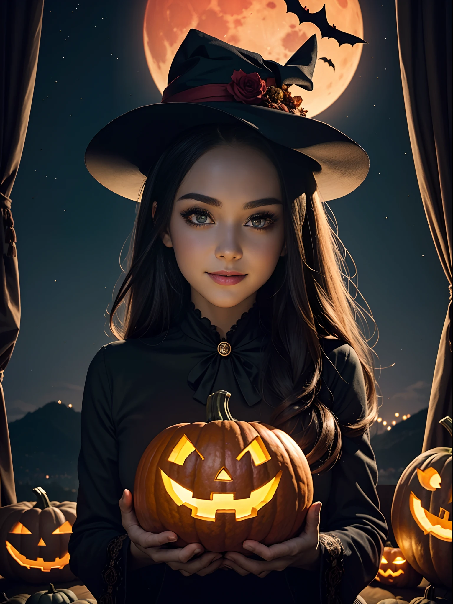 landscape: Reine des morts, full bodyesbian, Halloween palace in the valley, The theme of Halloween is spectacular、iintricate,detail-rich, Surreal,Red Moon,((DreamlikeArt:todos vendo olho)),1girll,beautidful eyes,Glowing, Hydrated eyes,Delicate facial features,Sit on the pumpkin head,Holding a pumpkin head in his hand,The girl's eerie smiling face,