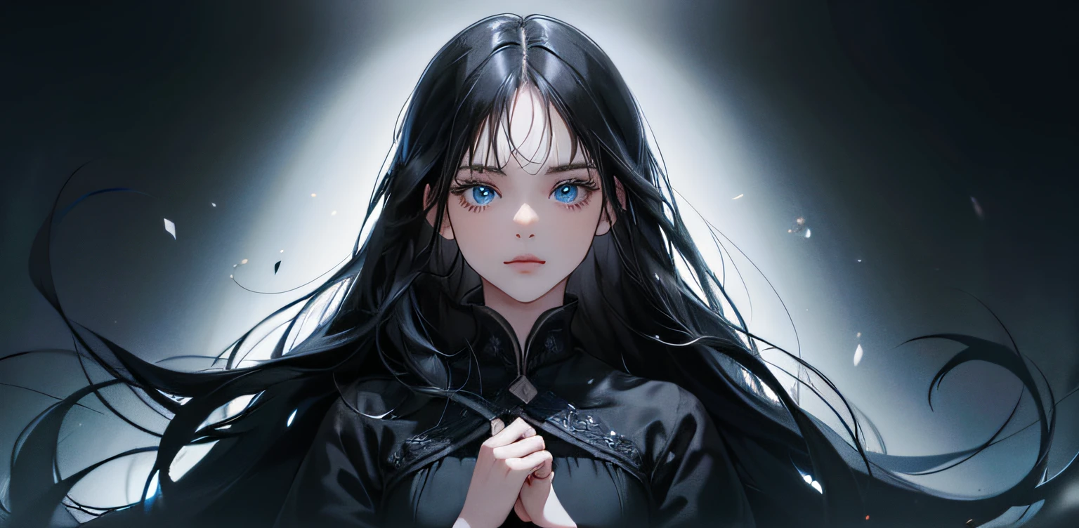 1 girl, high res, long black hair, blue eyes, wearing cute and modest black dress, weak, frustrated, hesitation, scared, detailed face, dark background, ultrasharp, 8K, masterpiece, looking at the sides