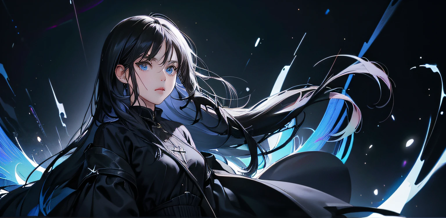1 girl, high res, long black hair, blue eyes, wearing cute and modest black dress, weak, frustrated, hesitation, scared, detailed face, dark background, ultrasharp, 8K, masterpiece, looking at the sides