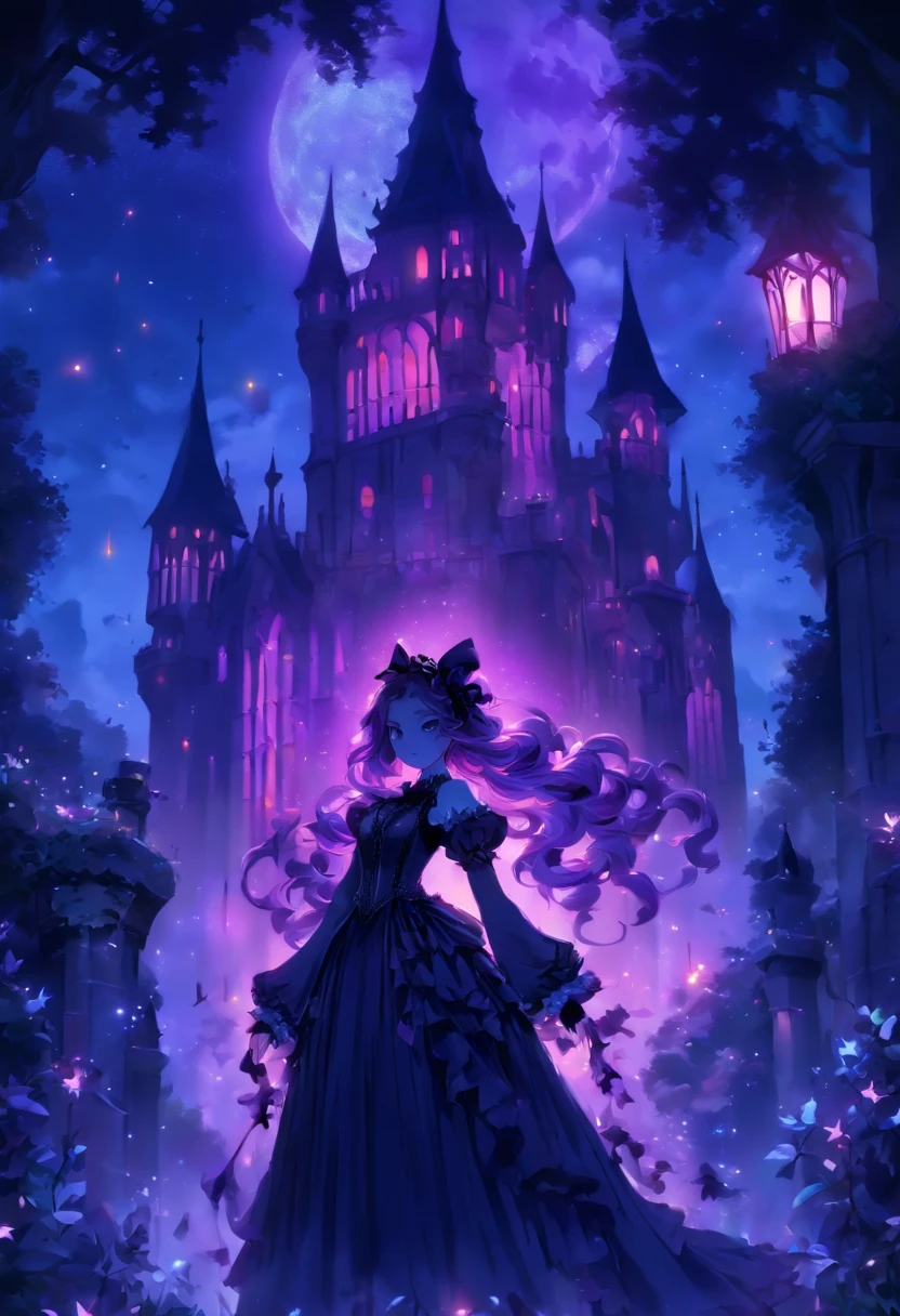 (a) gothic lolita, (dark, elegant:1.1), (purple-haired, long-haired), (wearing a dress, in a frilly dress), (carrying, holding) an umbrella, (frills, lace), (bow, ribbon), (standing, posing), (in front of) a moonlit castle

(b) surrounded by (purple fairy flame, ethereal flames:1.1), (glowing, flickering), (creating, casting) a soft, (magical, enchanting) light

(c) (mysterious, ominous) atmosphere, (dramatic, eerie) shadows, (moonlight, moonlit), (casting, illuminating) the scene

(d) (vibrant, rich) purple color palette, (deep, dark shades), (contrasting, highlighting) the gothic aesthetic

(e) (detailed, intricate) castle architecture, (towering, majestic) towers, (ornate, delicate) windows, (stone walls, battlements)

(f) (lush, overgrown) garden, (twisted, thorny) vines, (blooming, vibrant) flowers

(g) (enchanted, magical) atmosphere, (sparkling, shimmering) stars, (fluttering, glowing) fireflies

(h) (mysterious, haunting) music playing in the background, (melancholic, ethereal) melodies

(i) (fine art, oil painting)-like rendering, (realistic, detailed, lifelike) textures, (soft, smooth) brush strokes

(j) (vivid, rich) colors, (deep purples, contrasting hues), (subtle, nuanced) lighting effects

(k) (emphasize, highlight) the gothic aesthetic, (dramatic, theatrical) poses, (intricate, extravagant) details

(l) (high resolution, 4k, 8k), (ultra-detailed, hyper-realistic, photorealistic:1.37) output

Please remove the parentheses in the above and the content in the parentheses in prompt，And make sure not to add any new sentences or explanations。