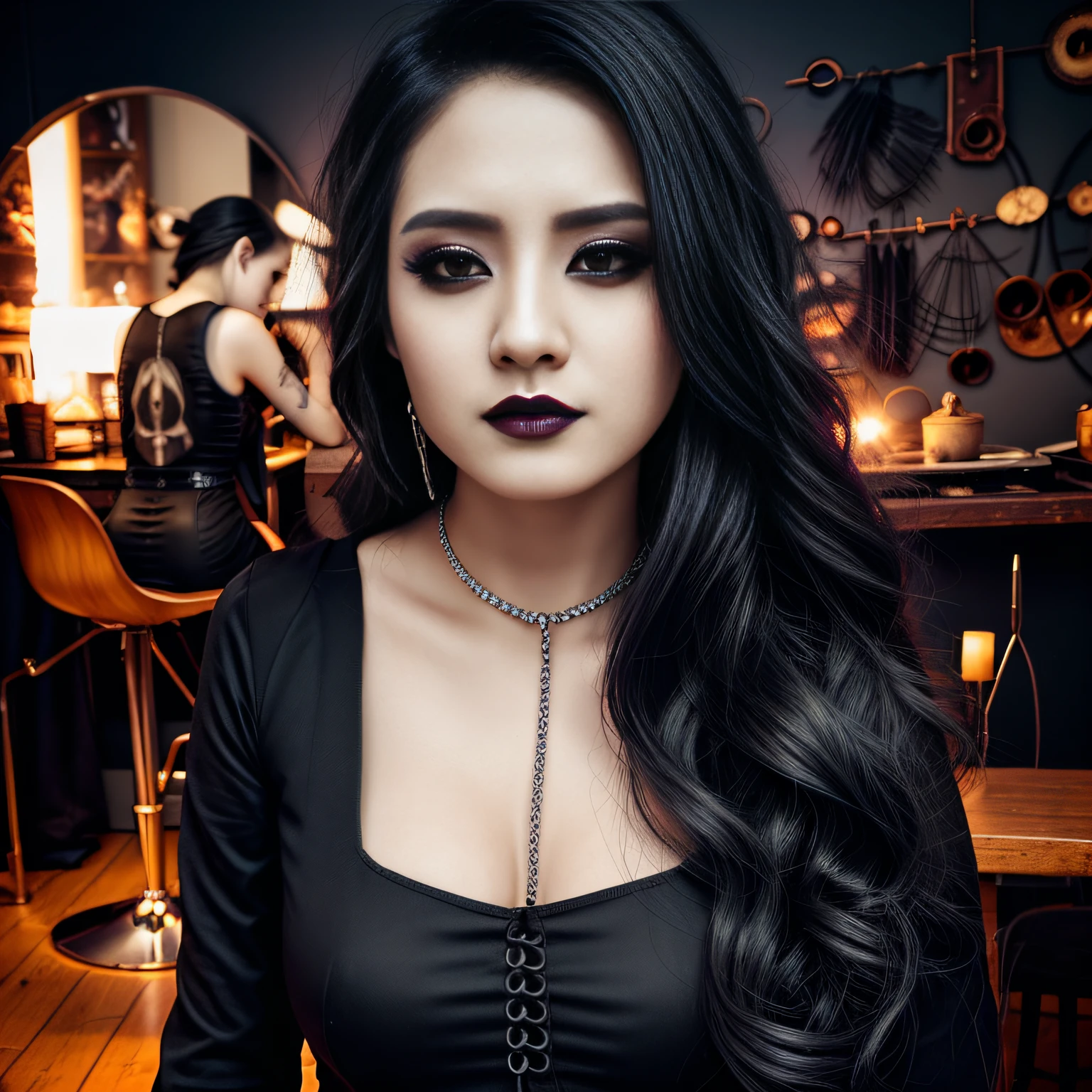 arafed image of a woman with long hair and a choke, cruel korean goth girl, gothic aesthetic, ominous gothic aesthetic, artwork in the style of guweiz, 1 7 - year - old anime goth girl, dark and horror style, dark fantasy style, neo goth, dark art style, goth girl aesthetic, gothic horror vibes, goth aesthetic