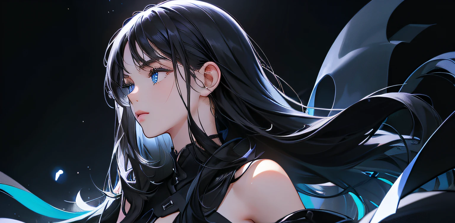 1 girl, high resolution, long black hair, blue eyes, wearing cute and modest black dress, weak, scared, detailed face, dark background, ultrasharp, 8K, masterpiece, looking at the sides