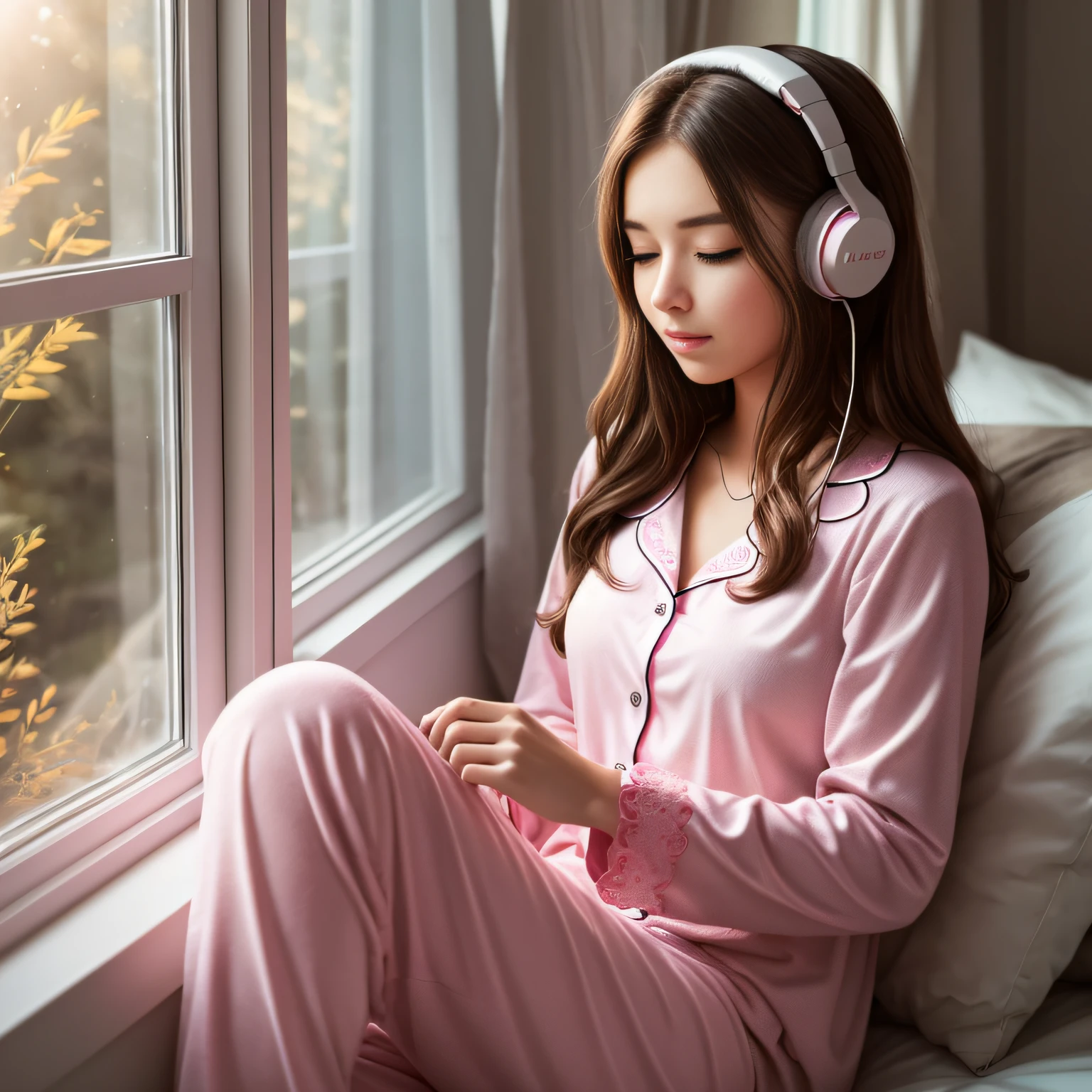early morning. 22 years old. Beautiful girl in pink pajamas sitting on bed by the window. brown hair. The sun's rays from the window fall on the girl. listening to music on headphone.