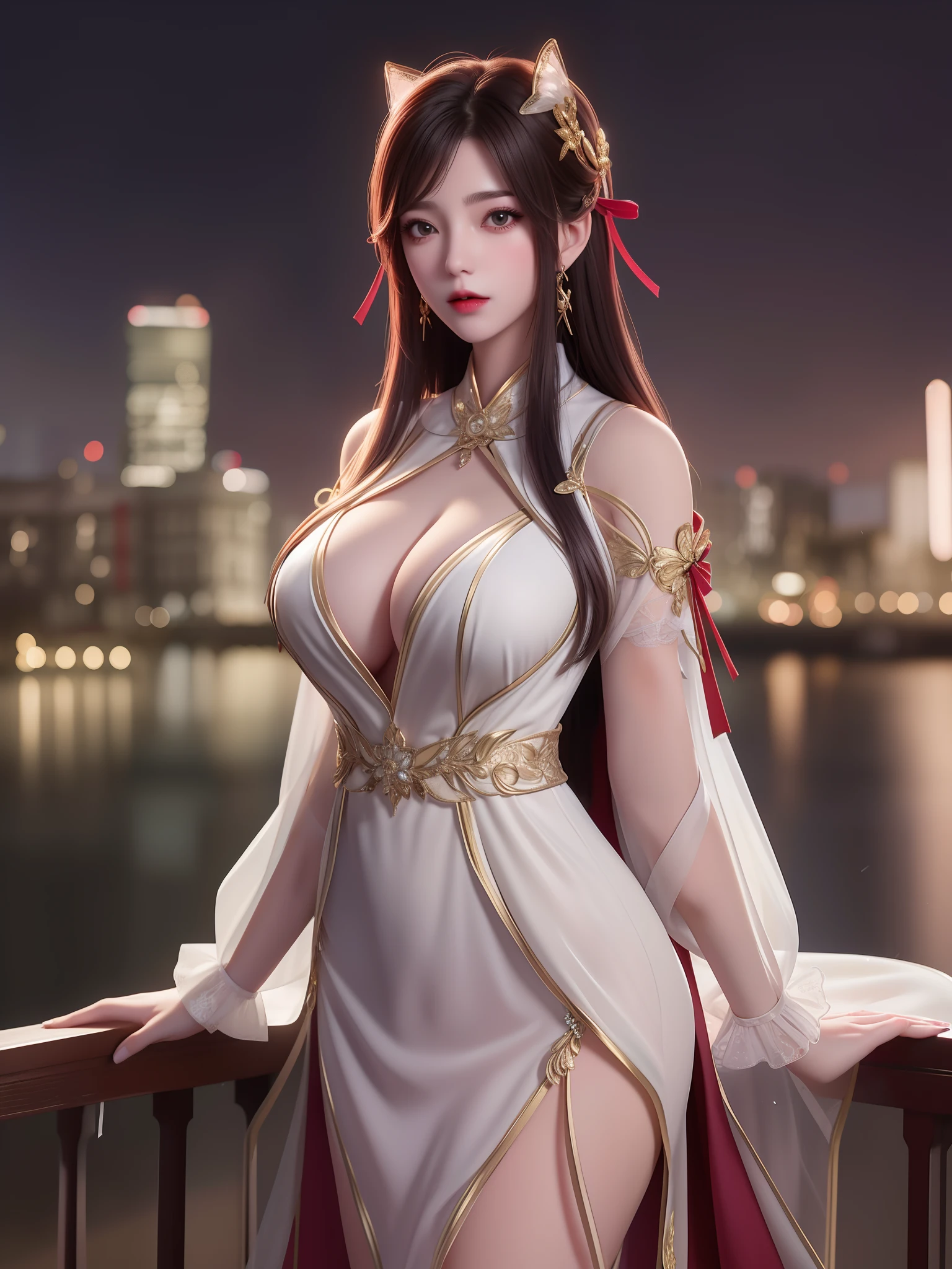 1girl, WMSJyunxiYR,mature female, looking at viewer, cityscape, night,hair ornament, ribbon, arms behind back, dress, cowboy shot, Full , Background should be suitable, big chest ,