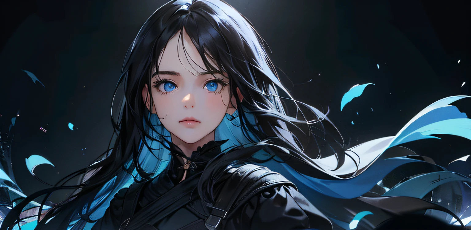 1 girl, high resolution, long black hair, blue eyes, wearing cute and modest black dress, weak, scared, detailed face, dark background, ultrasharp, 8K, masterpiece, looking at the sides