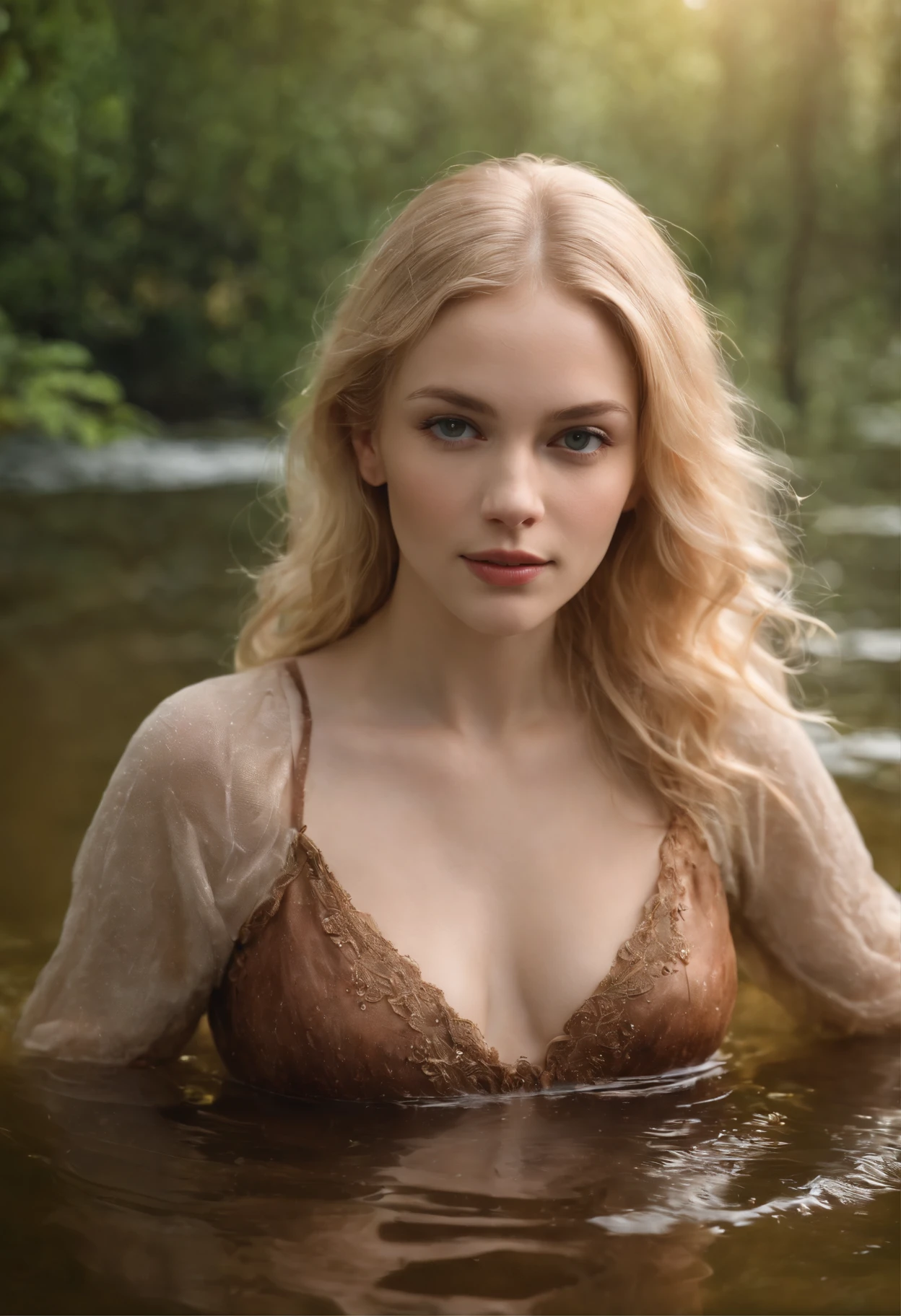 zrpgstyle, OT_Side_Bottom beautiful ugly woman from water Woman with ( blonde hair with cinnamon:1.2) moss rising from water, smoke, vines stirring water, fireflies, midnight light, backlighting (masterpiece:1.2) (best quality) (detailed) (intricate) (8K) (HDR) (Wallpaper) (cinematic lighting) (Sharp focus)
