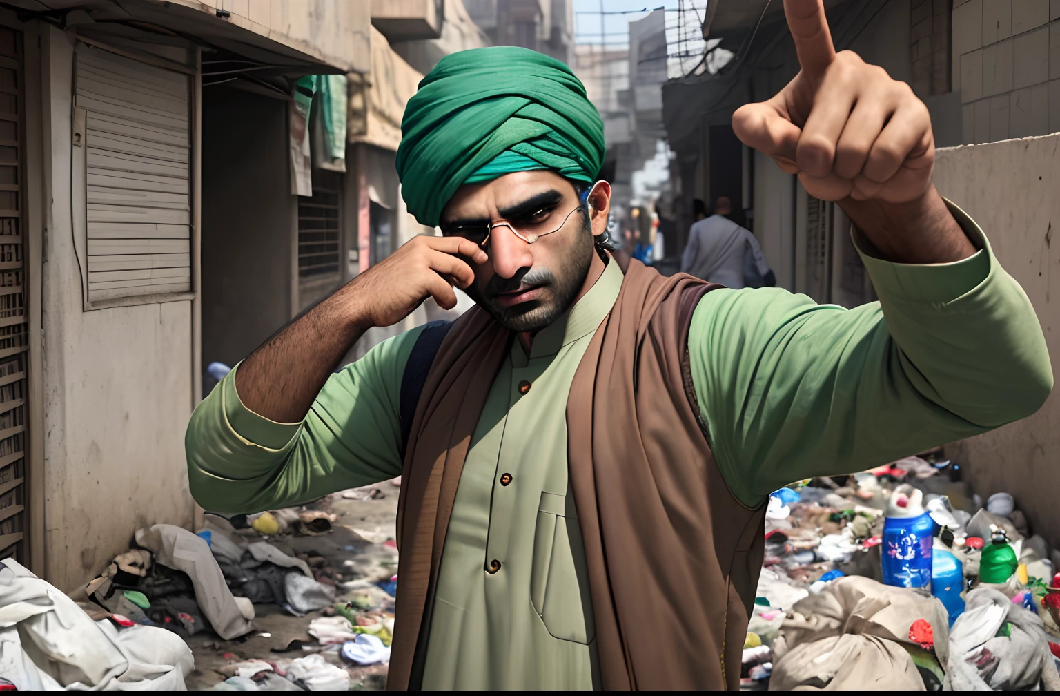 brown pakistani man, pointing hand, covered eyes, garbage in background, (best quality,highres), vivid colors, realistic, street photography