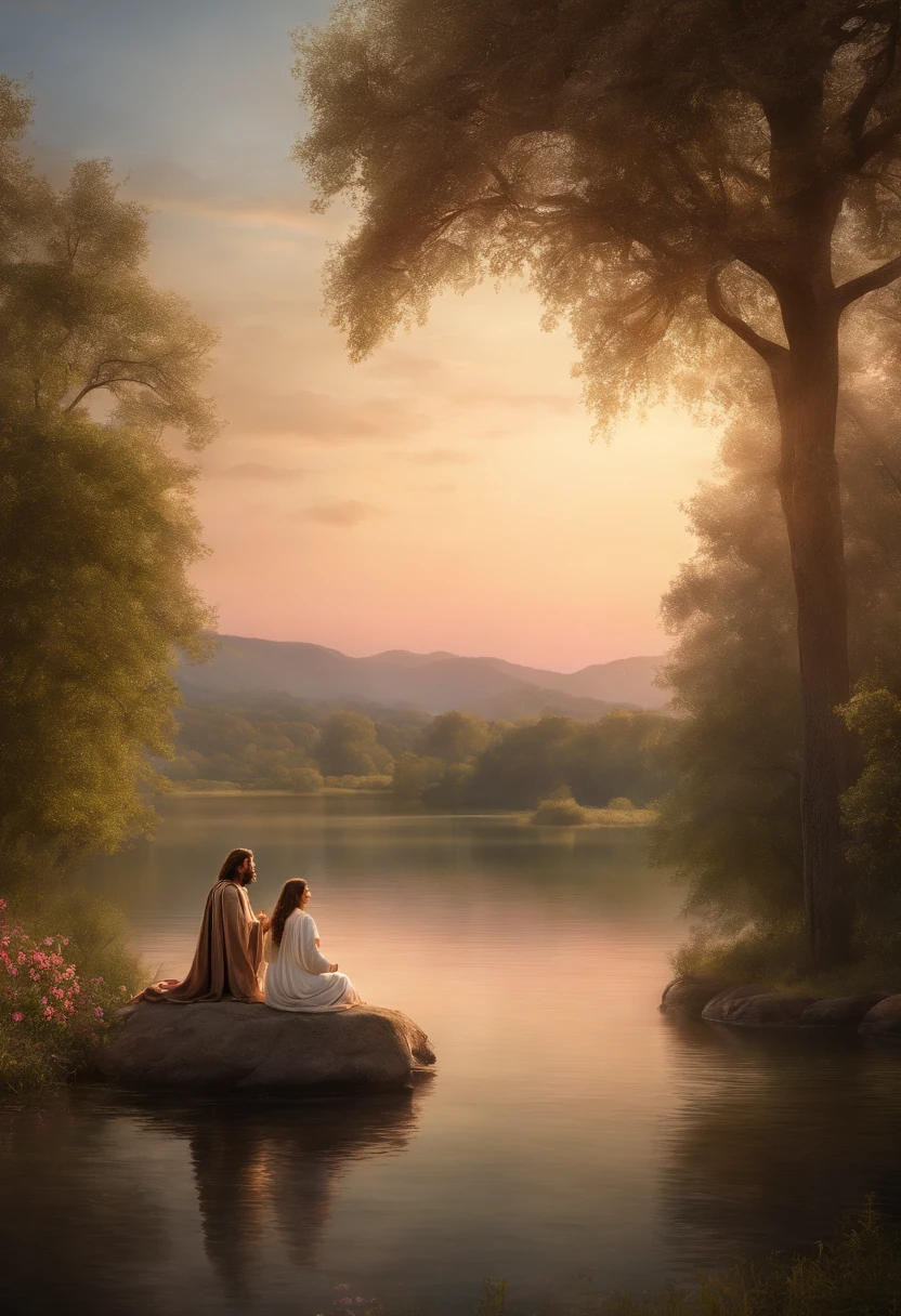 The scene is set in a peaceful, tranquil setting by the edge of a calm and serene lake. The sky is painted with soft shades of pink and gold as the sun sets on the horizon. A gentle breeze causes the vegetation along the lake's shores to sway gently.In the center of the image, we see Jesus, dressed in a white tunic and a blue cloak. He is kneeling with a serene expression, extending His welcoming arms towards a dark-haired girl in a simple dress, who is barefoot. The girl is kneeling before Jesus with tears in her eyes, reaching out her arms toward Him.Divine light radiates from Jesus, enveloping the scene in a soft and comforting glow. The lake's waters reflect the tranquility of the scene, and the surroundings are filled with wildflowers, creating a serene and harmonious environment.