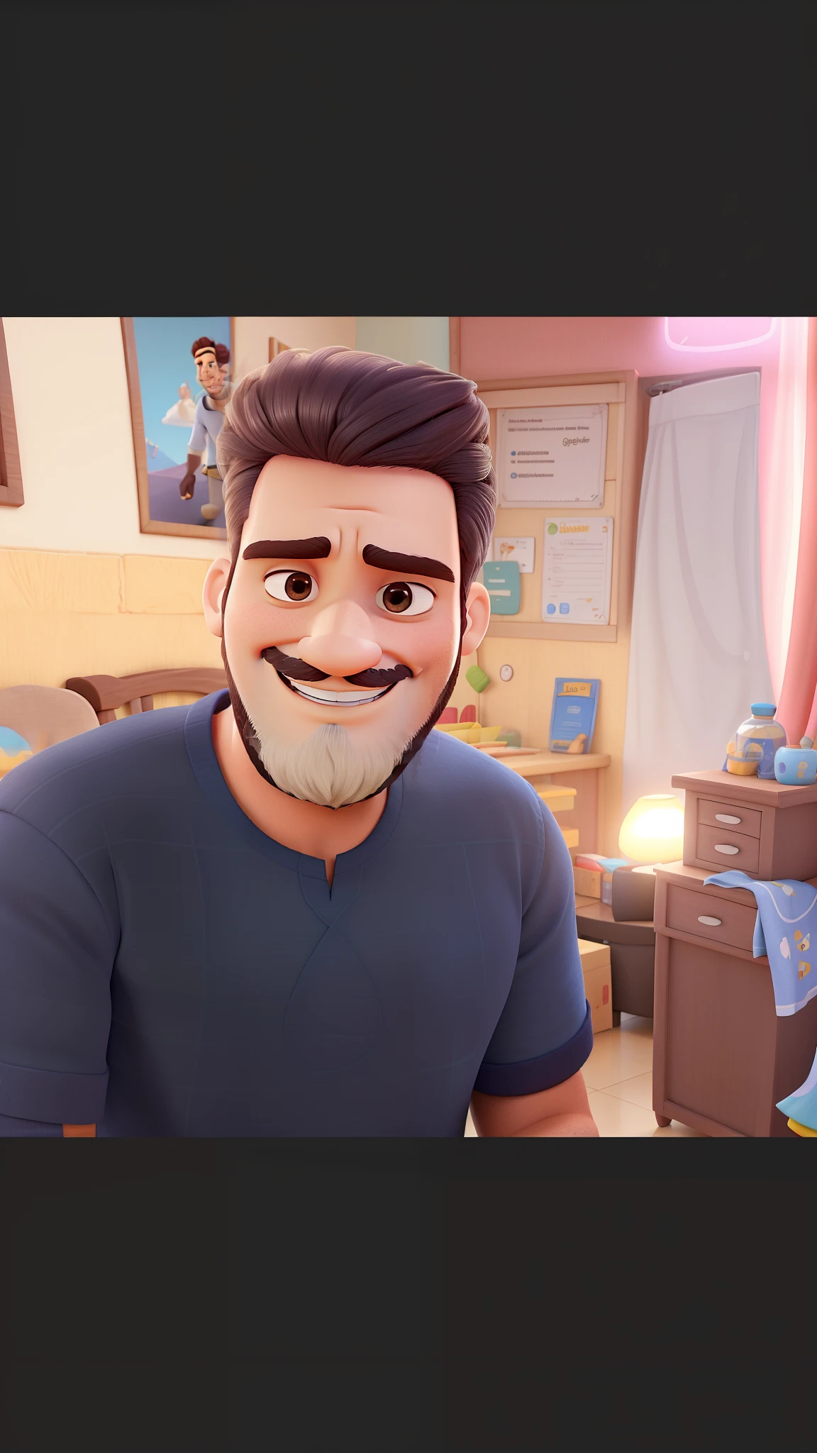 Homem branco, padre de batina, meia idade, sorridente, com barba grisalha falhada e rala, estilo disney pixar, alta qualidade, melhor qualidade