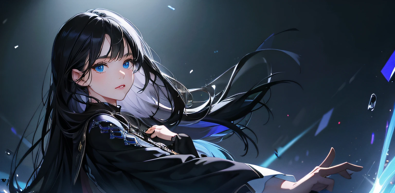 1 girl, high resolution, long black hair, blue eyes, wearing cute and modest black dress, weak, scared, detailed face, dark background, ultrasharp, 8K, masterpiece, looking at the sides