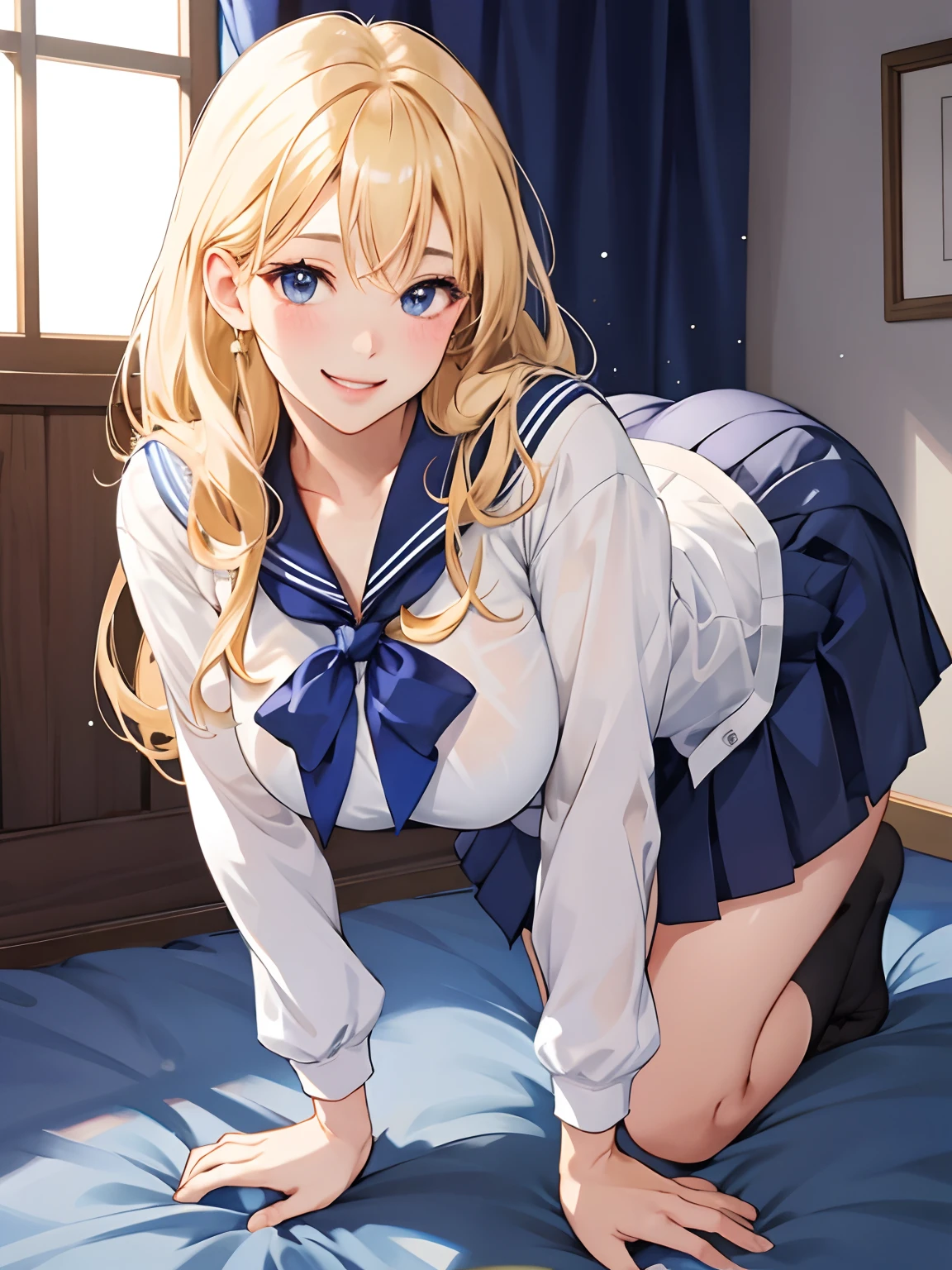 top-quality、Realistic、High School Girl、bule、large full breasts、a sailor suit、Tight-fitting uniforms、Sheer clothing、skirts that are too short、Panties、A smile、big eye、long lashes、Long upper eyelashes、a blond、cute little、Beautie、A sexy、Dark classroom、full body Esbian、submissive look、Submissive smile、Flushed cheeks、Kamimei、Big buttocks、thin-waist、Stick your butt out on all fours