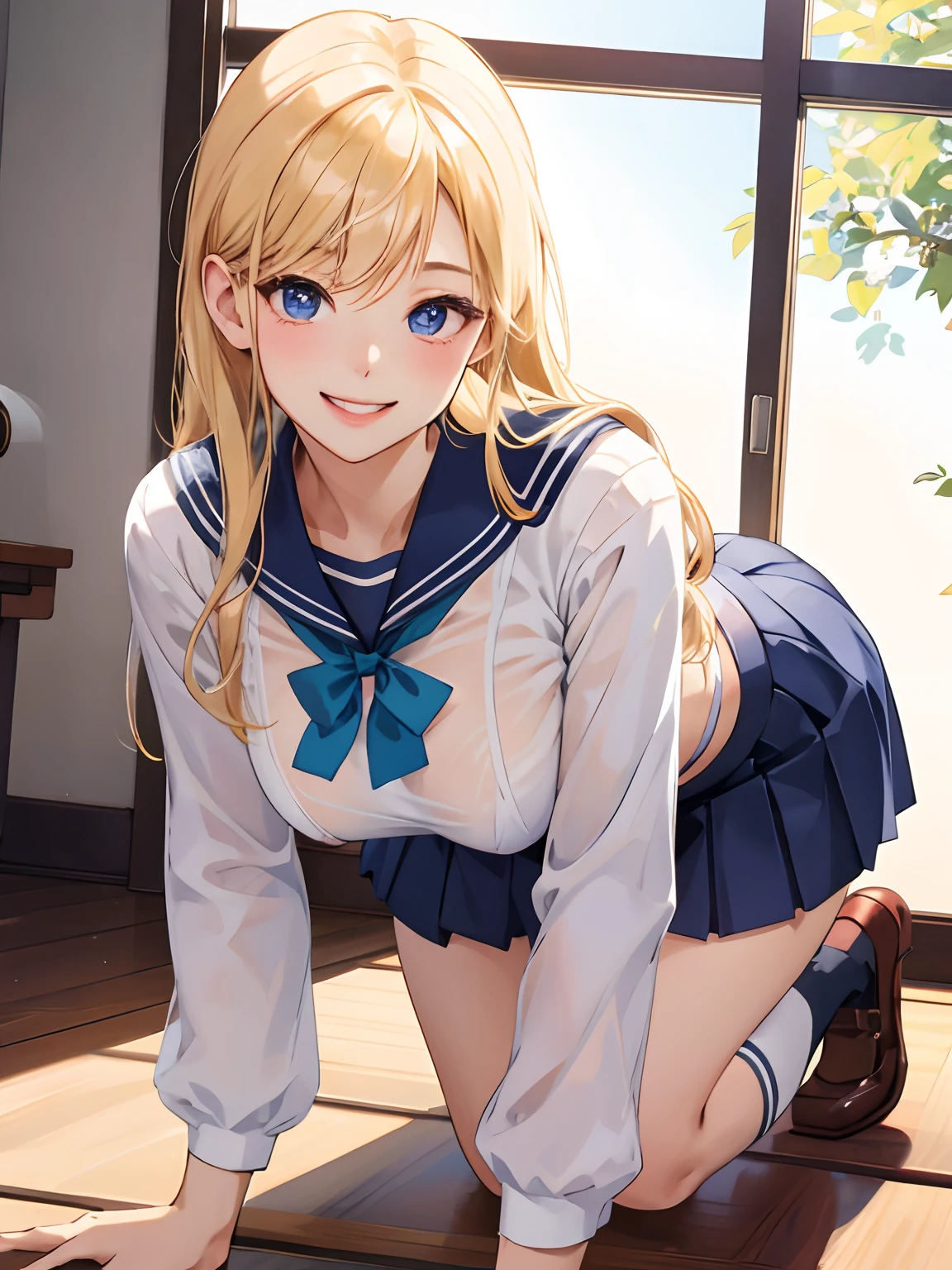 top-quality、Realistic、High School Girl、bule、large full breasts、a sailor suit、Tight-fitting uniforms、Sheer clothing、skirts that are too short、Panties、A smile、big eye、long lashes、Long upper eyelashes、a blond、cute little、Beautie、A sexy、Dark classroom、full body Esbian、submissive look、Submissive smile、Flushed cheeks、Kamimei、Big buttocks、thin-waist、Stick your butt out on all fours