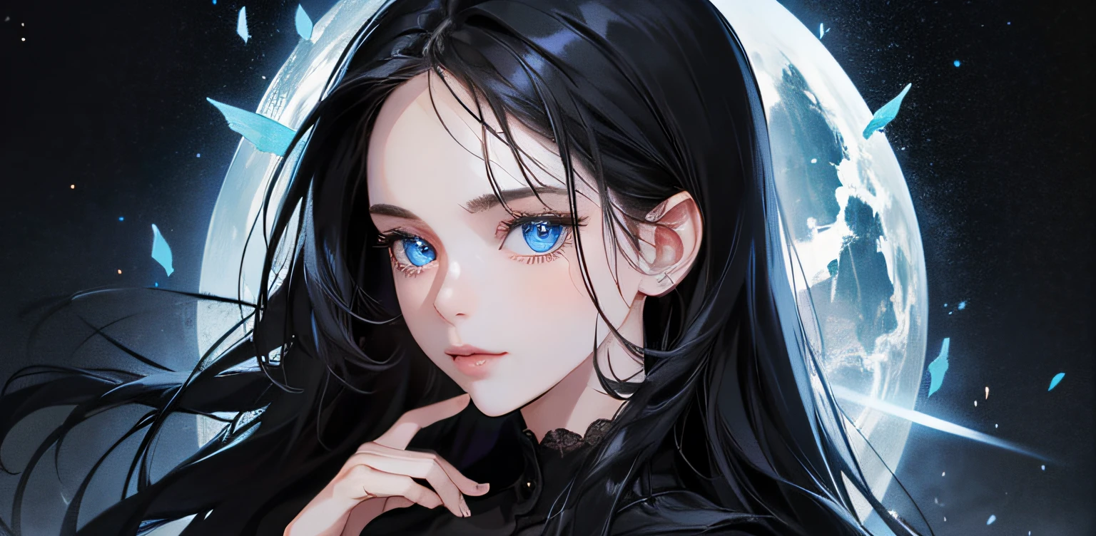 1 girl, high resolution, long black hair, blue eyes, wearing cute and modest black dress, weak, scared, detailed face, dark background, ultrasharp, 8K, masterpiece, looking at the sides