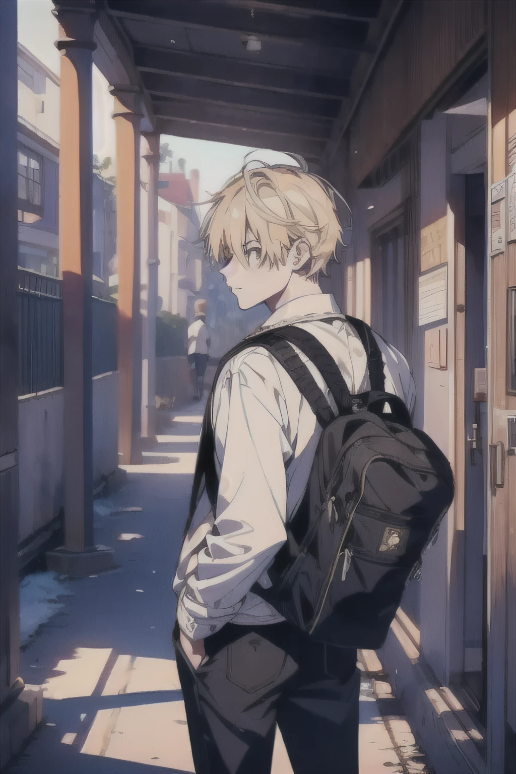 a young blond man, standing with his back in front of the school entrance, confident pose