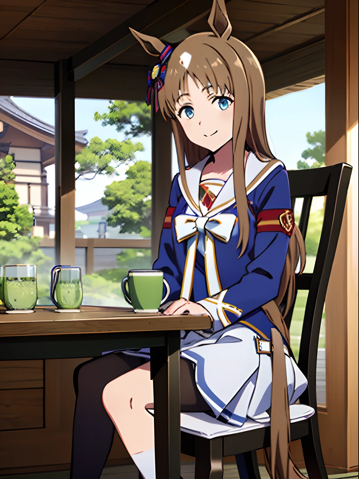 grass wonder \(Umamusume\), 1 girl, Solo, Best Quality, masutepiece, 8K, High resolution, Ultra-detailed, sitting in the chair, Drink green tea, Japanese-style mug, Tilting head, lightsmile, Blue jacket, White sailor color, Long sleeves, White skirt, Black pantyhose,