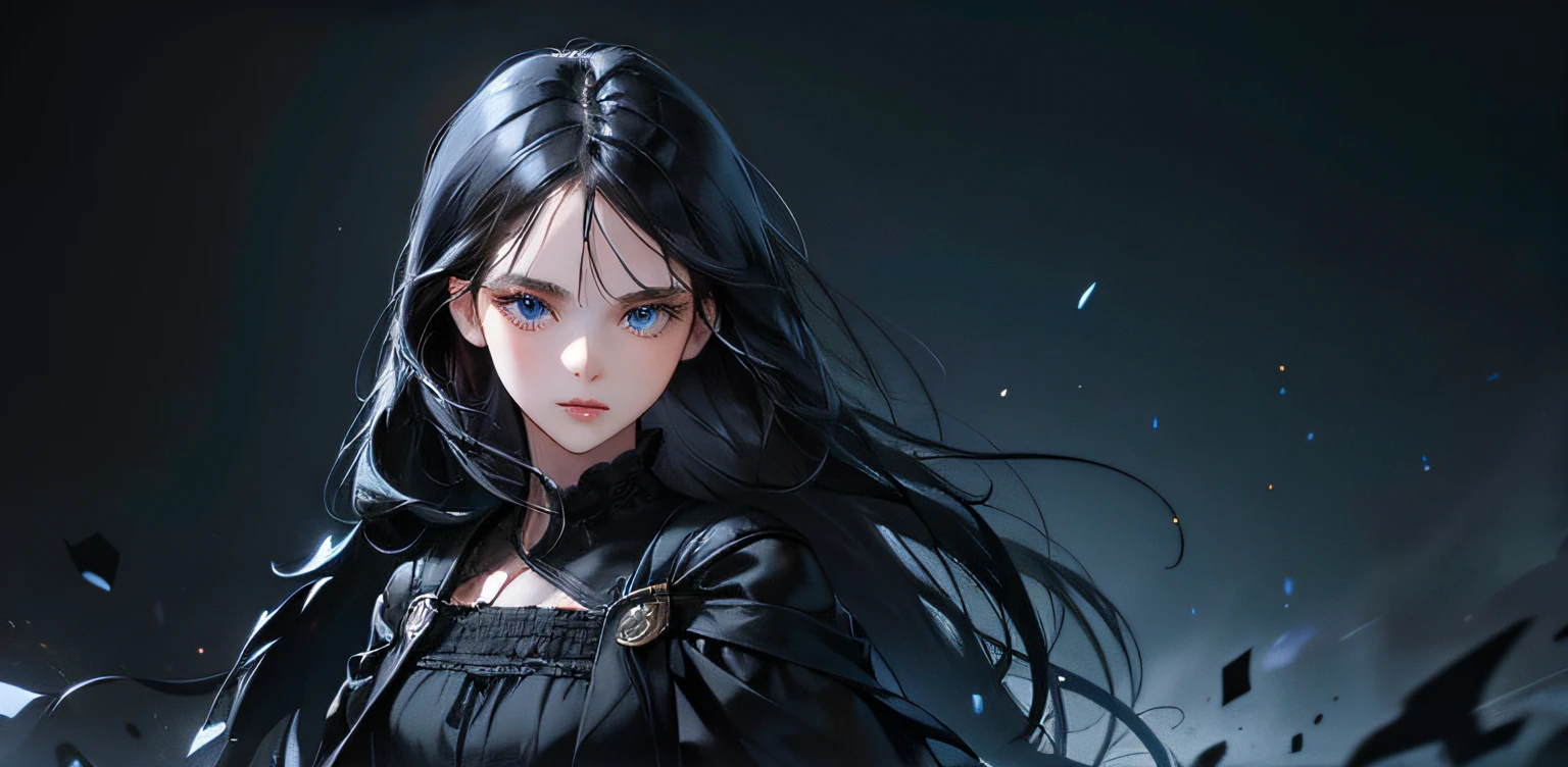 1 girl, high resolution, long black hair, blue eyes, wearing cute and modest black dress, not confident, weak, scared, detailed face, dark background, ultrasharp, 8K, masterpiece, looking at the sides