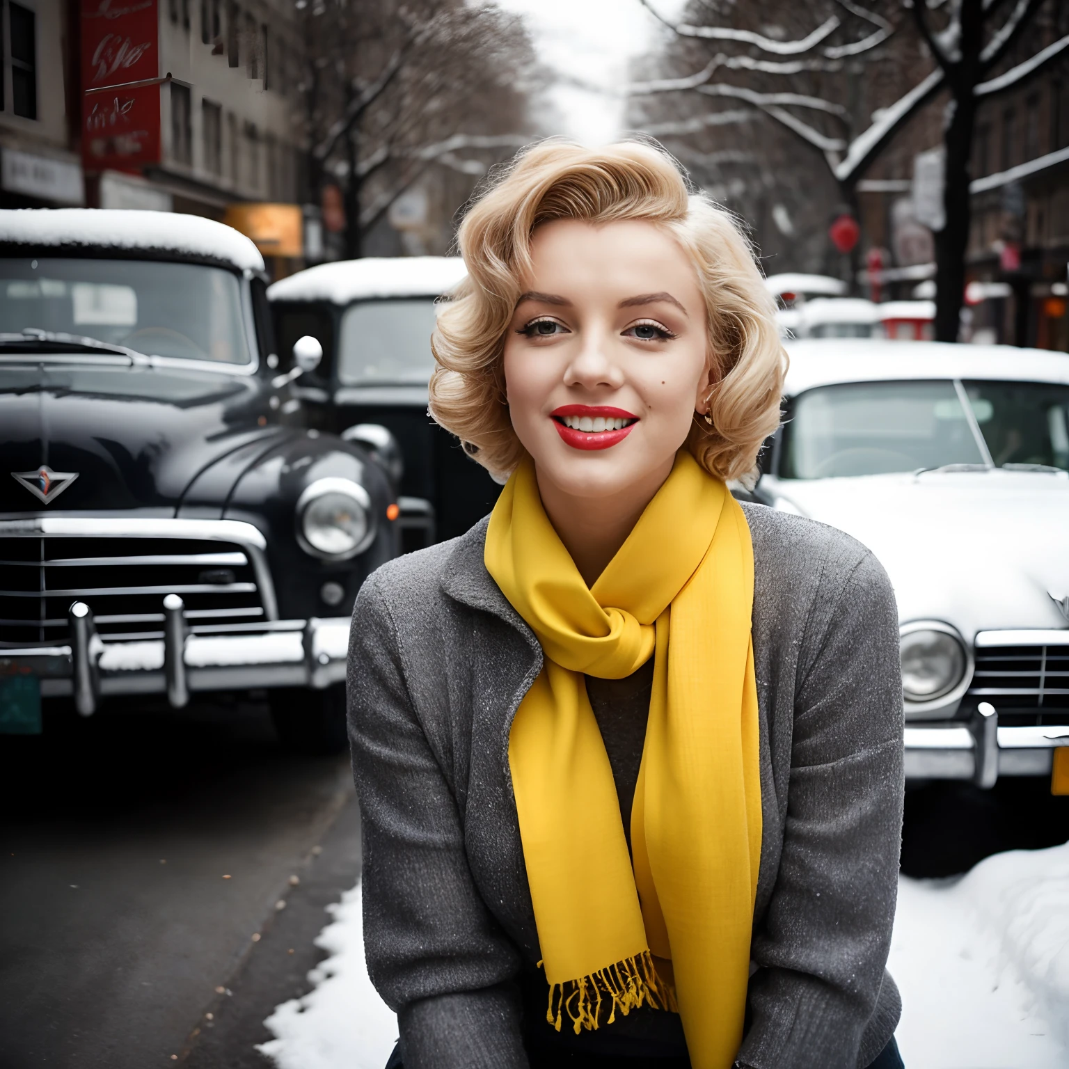 paparazzi portrait photo of Marilyn Monroe smiling and posing for a photo shoot on a New York street, very diffuse light, skin moles, (single black mole on the left cheek), sensual, no cleavage, wearing a yellow winter turtleneck sweater from 1950, wearing a blue silk scarf around her neck, green_eyes, red lips, snow gloves. Retro scenery in the background, 1950s snow covered cars, greyscale, 1950s (highly detailed skin:1.2), 16k, High details. ultra high res.photorealistic:.1.4,UHD, DSLR, soft lighting, high quality, grain film, FujifilmXT3