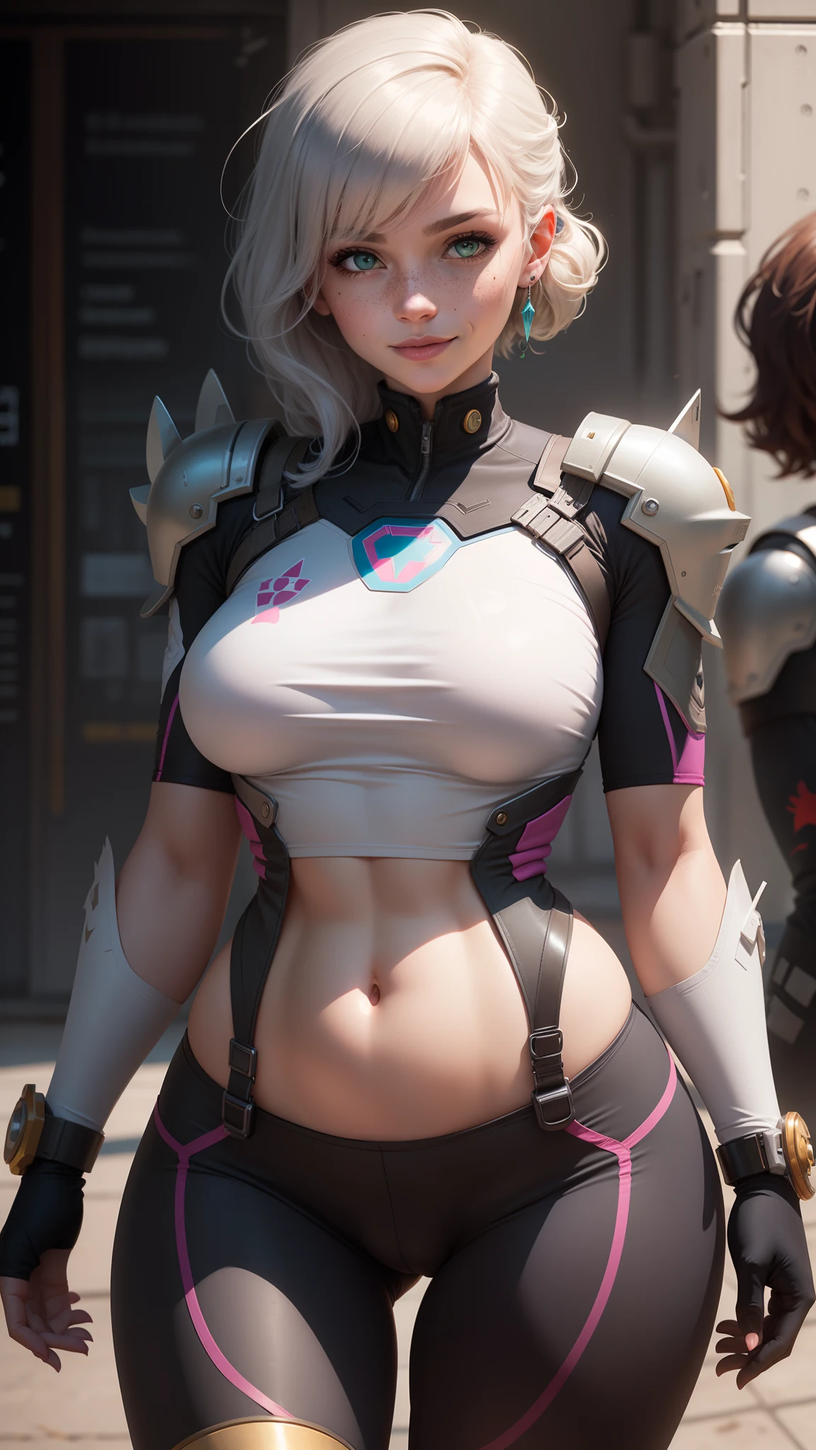 gwen tennyson,d.va,tracer,y'shtola rhul,rebecca chambers,overwatch,nier automata,close up,mech pilot,mech workshop,tattoos,pink and silver plugsuit,white short sleeve top,steel lycra shorts,garter belt,uncovered belly,short hair,cute makeup,green eyes,dimensional golden hair,shy smile,freckles,beautiful girl,large breasts,8k,ultra detailed,realistic,fantasy art,steel armor,techno suit,mechanic outfit,ear piercings,saiyan girl,saiyan female,white short sleeve mech jacket,