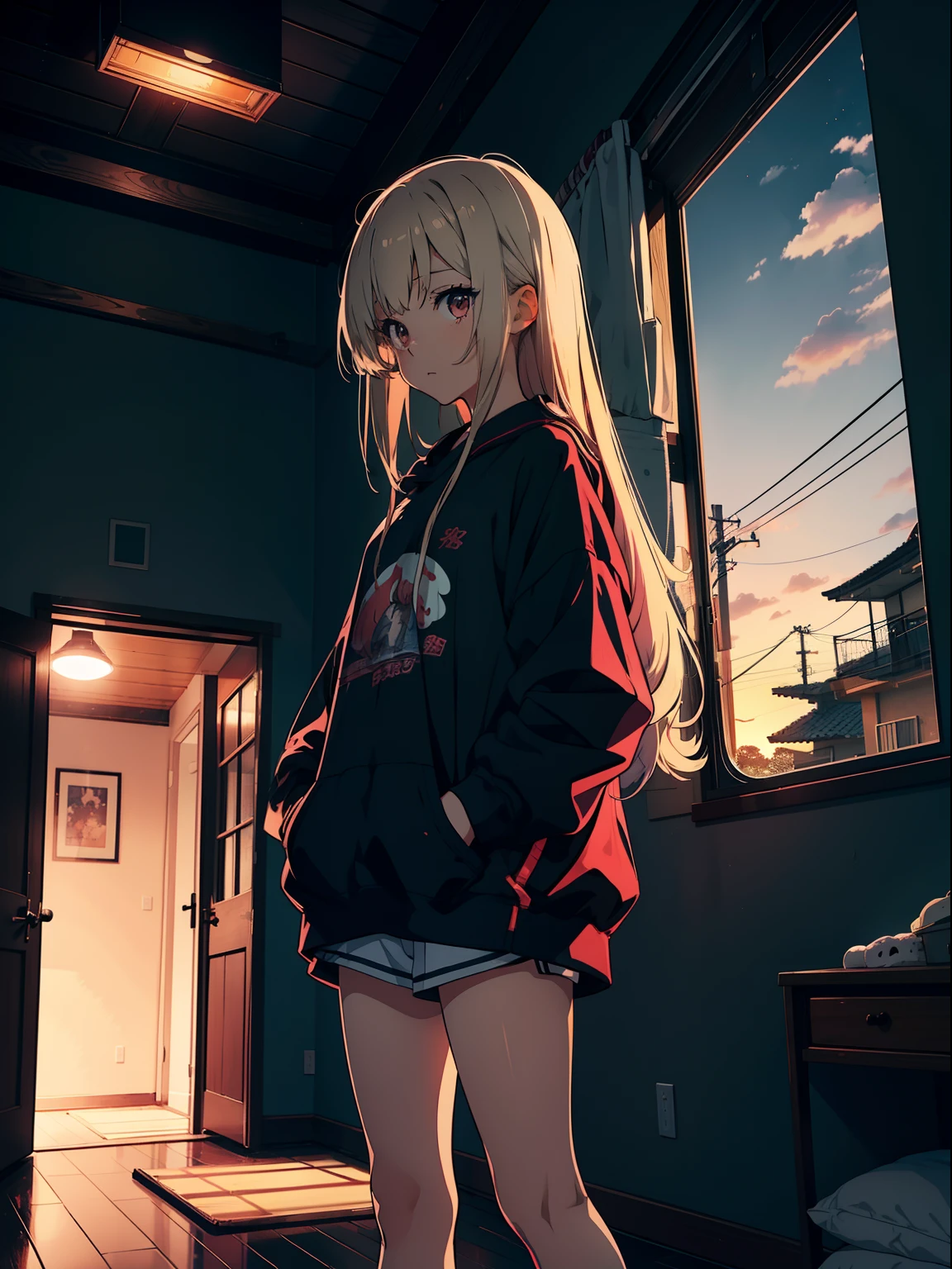 masutepiece, High quality, girl, highlights hair, Big clothes, Underwear with a small area, Comfortable clothing, Indoors, Night, Sunset, Dark room, Distracting and messing with something,