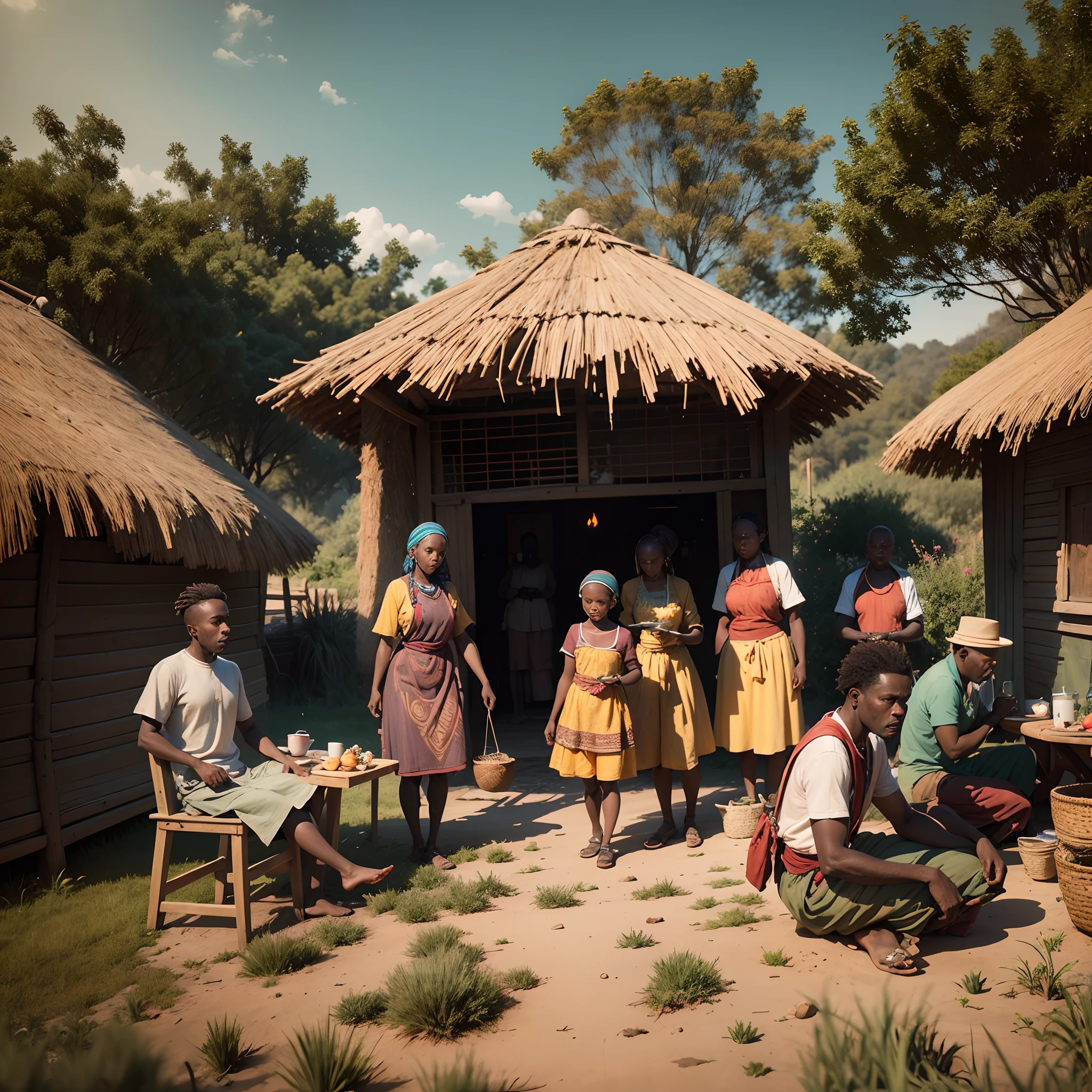 wide angle shot of early 19th century African community working together, eating, cooking, starting fire, a large number of African people in a society with different African designed houses and huts, in the scene, bright sunlight shining, with iridescent light, highly detailed images, vibrant beautiful colours, hyperrealistic image, 32k, ultra HD, unreal engine rendered, cinematic lighting, art by Bella kotak --auto --s2