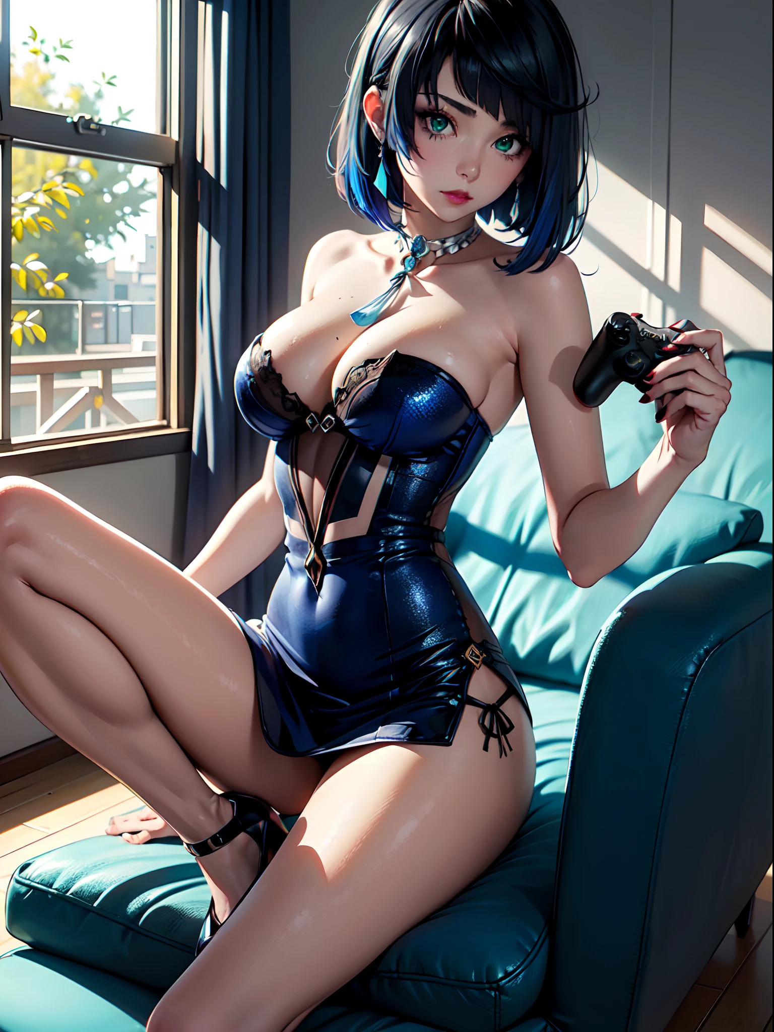 (8k:1.2), (masterpiece:1.2), (Solo), (Detailed eyes and skin), (detailed facial features), nffsw, Perfect Style, Beautiful face, Anatomically correct, Highly detailed face and skin texture, (Black eyes:1.5), Glossy skin, Sunlight, Ayana_taniguchi, (cowboy shot:1.3), yelan v4
BREAK (black mascara: 1.4), (dark gray rouge: 1.4), (very pale skin: 1.4), (blue cheeks: 1.3),
BREAK sitting in a gaming chair in a bedroom,
BREAK in sexy, short latex dress, ((wearing light blue glittery dress with asymmetrical:1.4) (very lons skirt: 1.4)) and lavers of lace and tulle, (wearing strapless and tight bodice:1.4), (wearing high heels:1.4) (holding a playstation controller:1.4)
BREAK (short dark blue hair banss:1.4), (dramatic makeup with black eyeshadow, evelashes, and lipstick, has green eyes and fierce look: 1.4) (large breasts: 1.4) (green eyes:1.4)