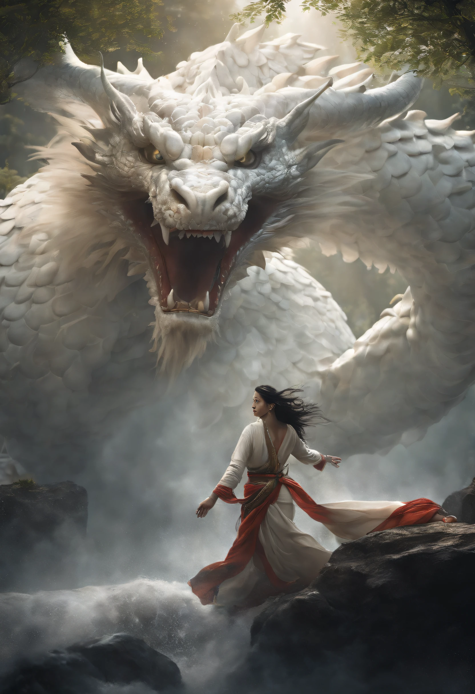 Asian-style white dragon flying around a mysterious waterfall、The white dragon's body is long and undulating like a large snake, and a jewel is held in his right hand.、He roars with magnificent horns and a beard on his head.、Cat-eared girl who challenges the white dragon、[Object Object], (detailed facial features:1.3), (Raw photo, 16 K, masutepiece, Best Quality: 1.2), (ultra-realism, Ultra-dense and complex realism: 1.3), (Wide depth of field, Radiation Mapping, Ray tracing, god rays: 1.2), High dynamic range, Vivid, Rich details, Clear shadows and highlights, Realistic, Formidable, Increased contrast, Cat-eared girl in Japanese clothes fighting a white dragon in a mysterious waterfall、