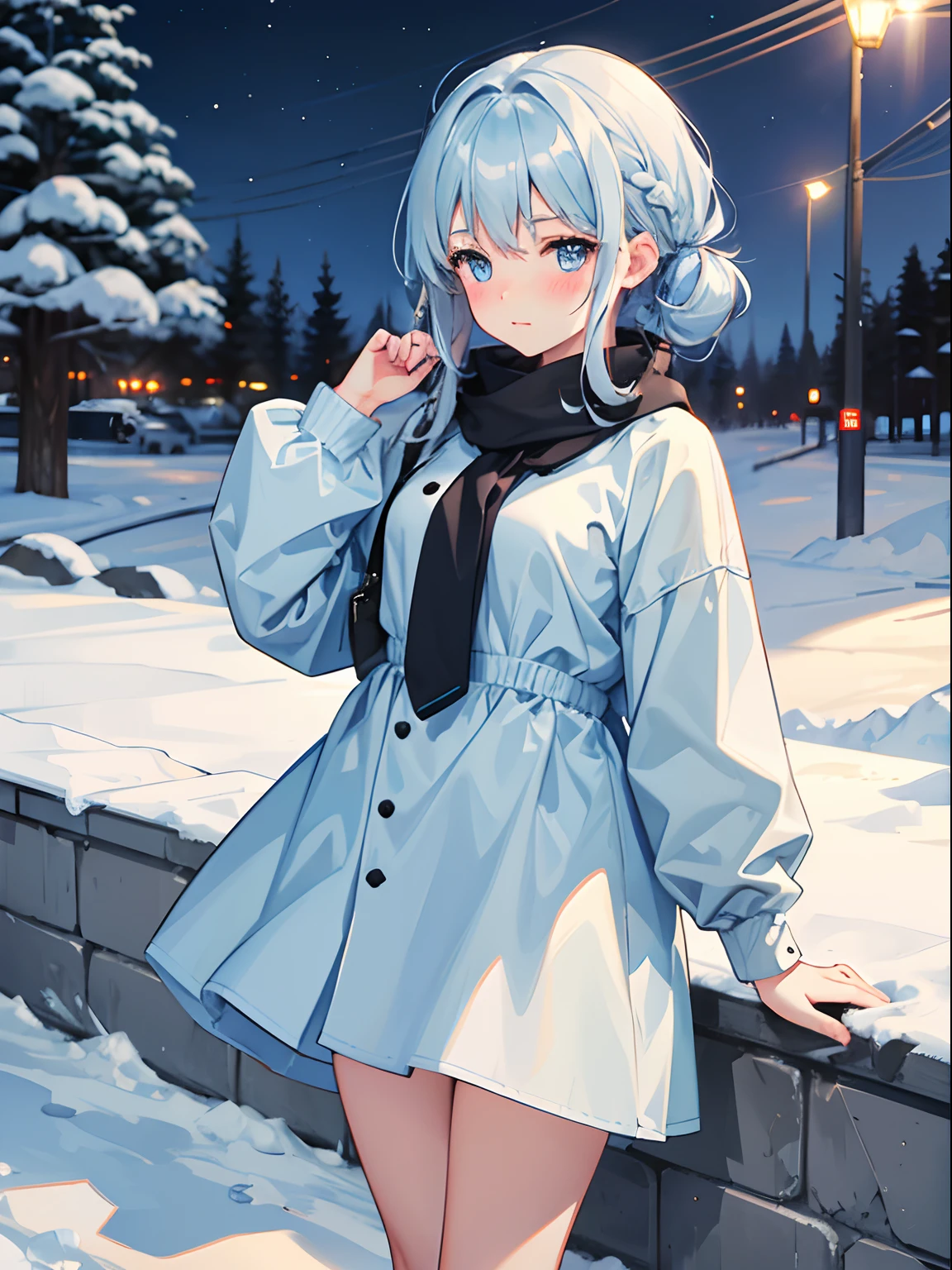 1girl in,Light Blue Medium Hair,Tying hair,Light blue eyes,Cute,blush,medium breasts, winter, outdoors, warm clothes