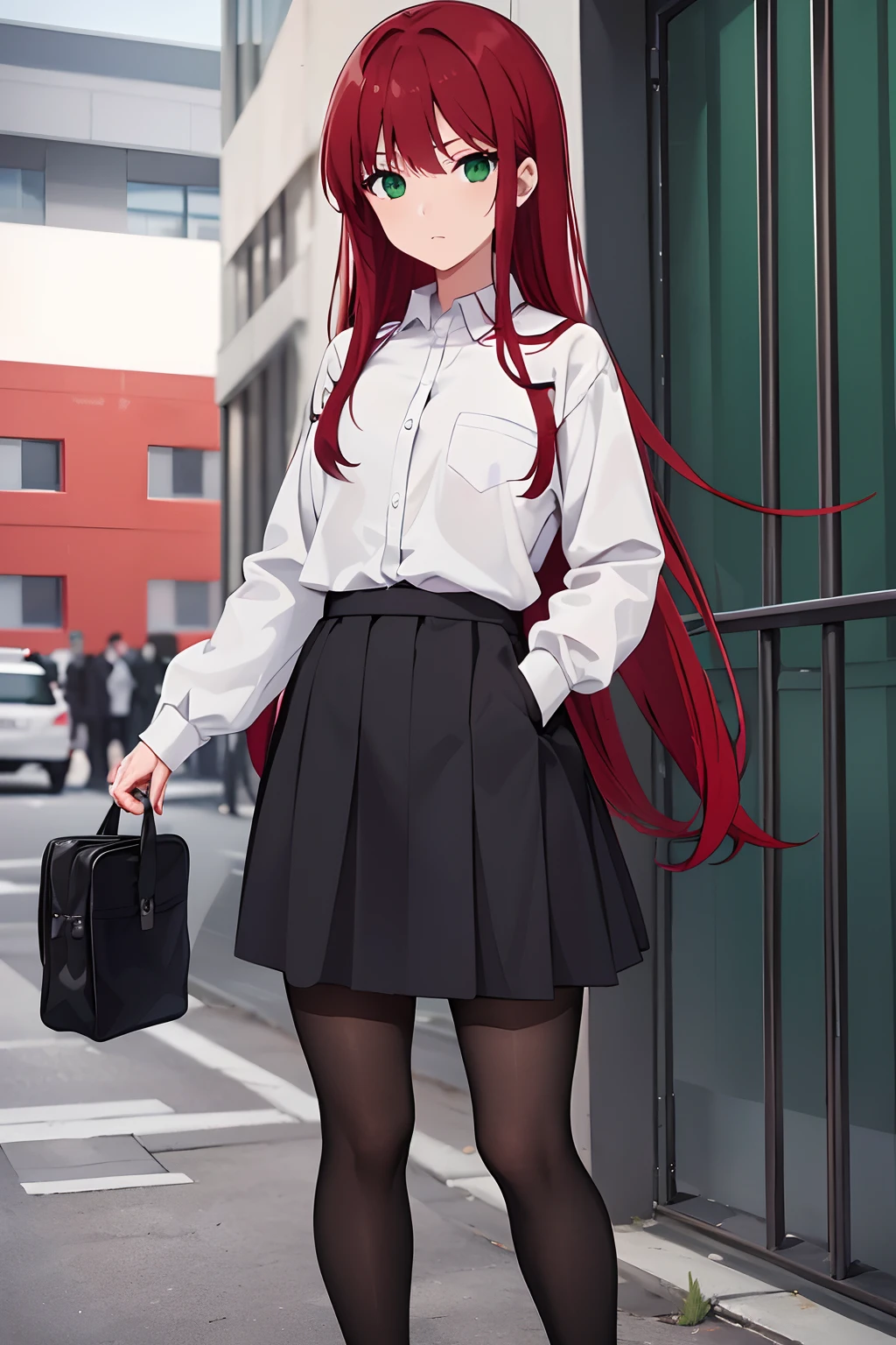 A woman wearing a simple white dress part of a school uniform dress with black and red hair, standing, expressive eyes, 8k, high resolution, ((black and red hair)), long black hair, ((Green eyes)), ((black and red hair)), ((green eyes)), tights,