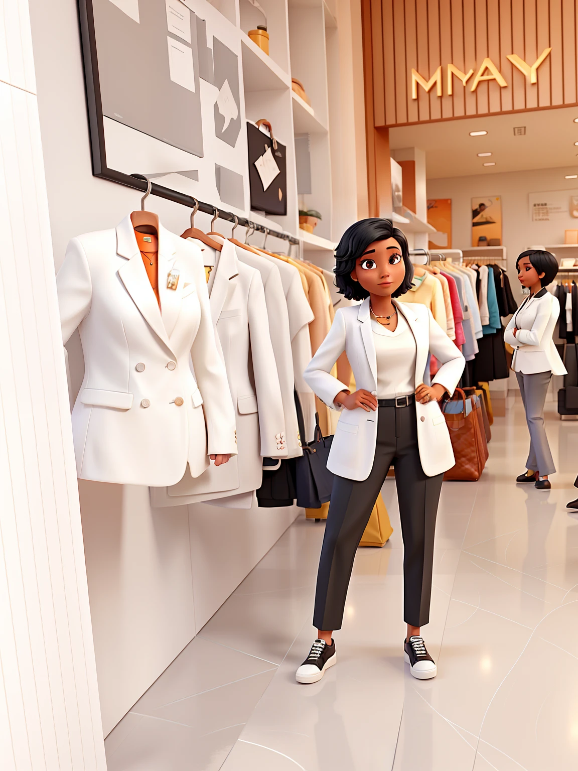 A woman with black short hair in a white blazer and black pants in a high-end Disney pixar style clothing store