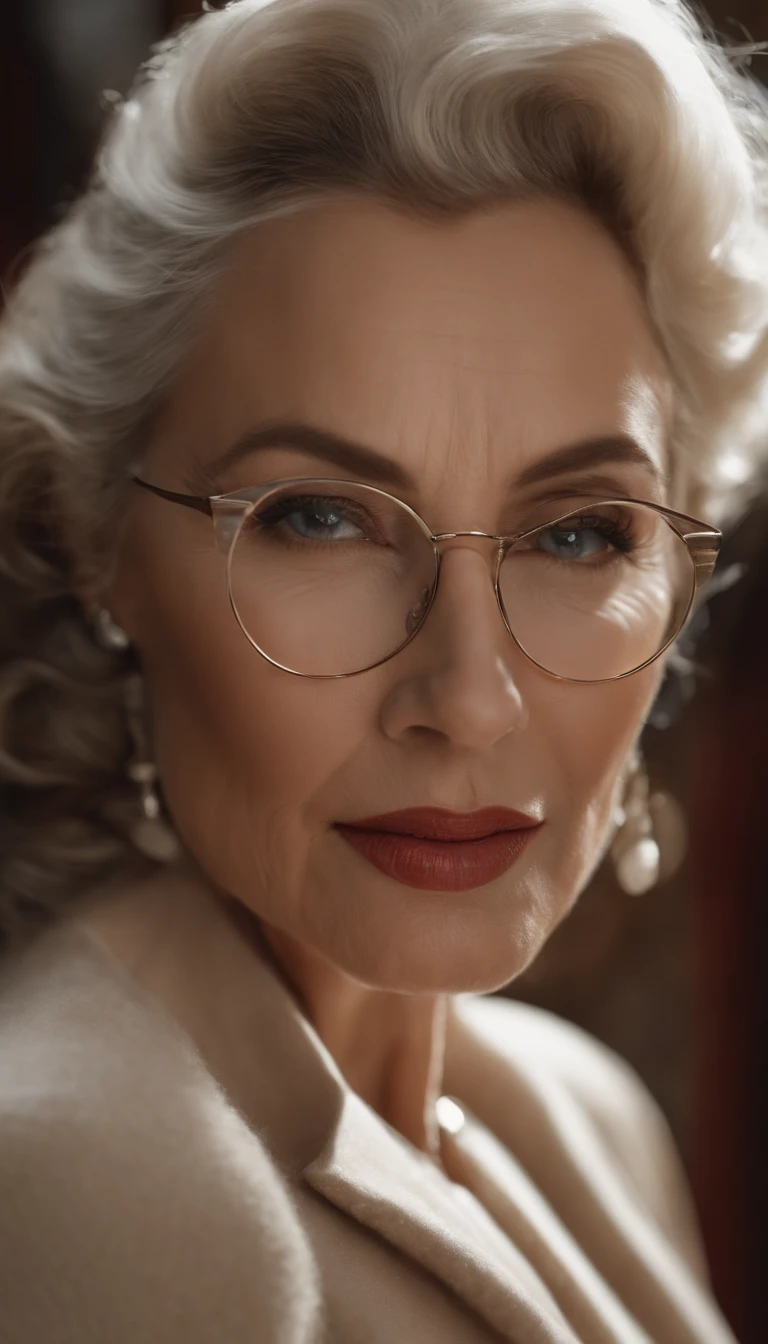 ((60+ year-old)), (beautiful, elegant, graceful, wise, kind, weathered and well-defined facial features, agelines, wrinkles in face) Caucasian female model (stylish black-rimmed glasses, eyes looking directly at the camera), silver-colored hair (in a voluminous bob hair style), well-toned, curvaceous body, wearing a form-fitting Christmas-themed winter coat (that accentuates her hourglass figure, cinched at the waist, flares gracefully at the hips) and Christmas-themed attire and knee-high boots (chic, fashionable), halo lighting effect, golden glow of the North Pole's twilight, dynamic pose), modernized Santa's North Pole toy workshop where technology meets tradition, dynamic angle, (dynamic pose), black outline around her, octane 4K, ultra realistic, super high resolution, best quality, masterpiece, depth of field, realistic, photo-realistic, cinematic, dynamic lighting, perfect body, perfect face, perfect hands, detailed eyes, best quality, masterpiece, super detailed, High detail RAW photo, professional photograph, ultra-detailed, color grading, extremely detailed, 8k,perfect body, perfect face, ((full body shot)), widescreen, wide angle, zoomed out, (((nude))), (((big boobs)))