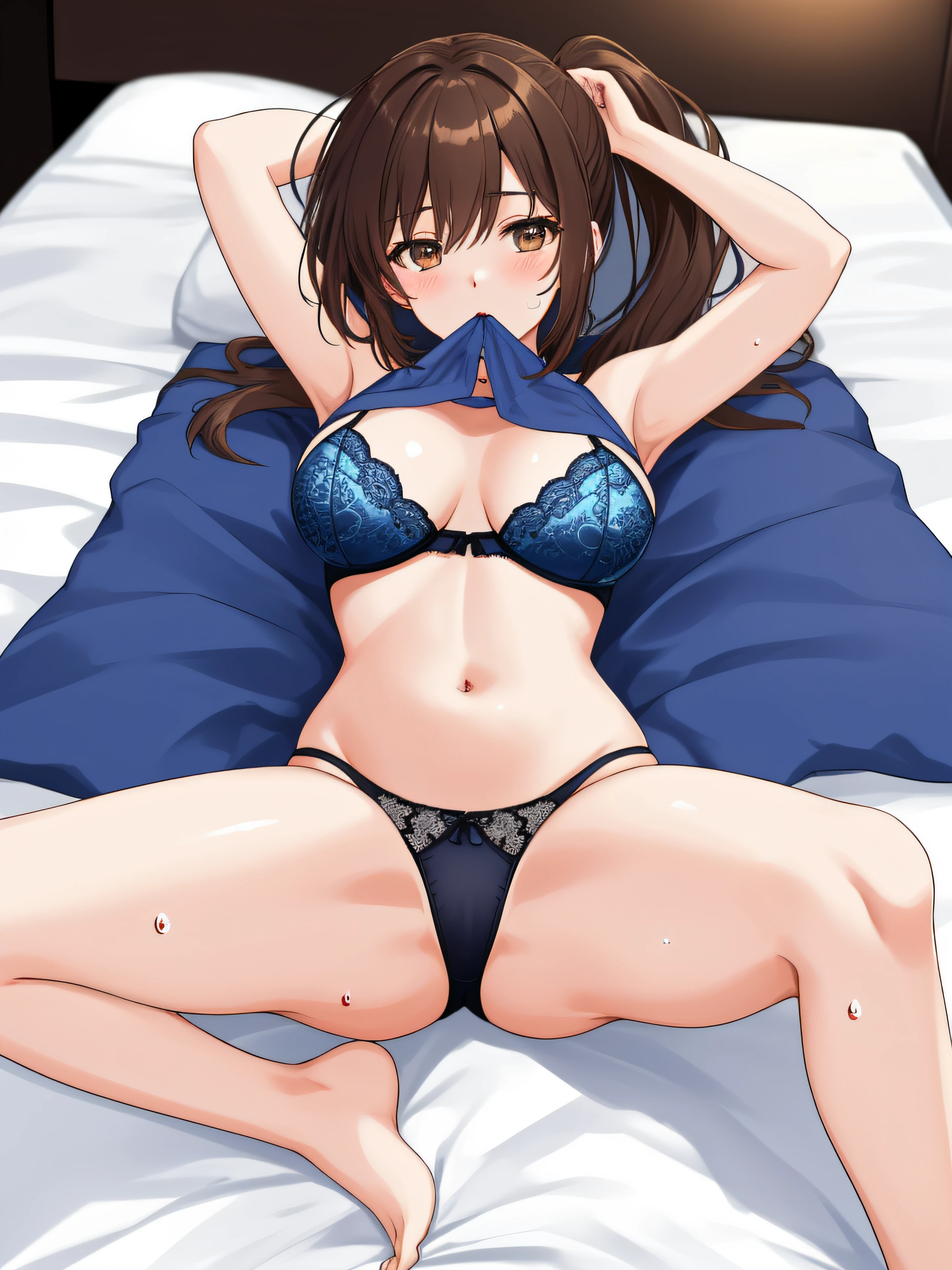 32K, 8K, (In the chest:1.2), Arms above the head, ((Opening legs)), masterpiece, Gorgeous lace string underwear in dark blue、((T-back panties that dig into the crotch))、Japan idle, Wide waist, ((open one's legs)), (Sloppily open your mouth), (Open both eyes wide), sweaty and shiny skin, Brown hair, poneyTail、Look at viewers , full body Esbian、perfect bodies、Luxury hotel lounges、mizuharachizuru