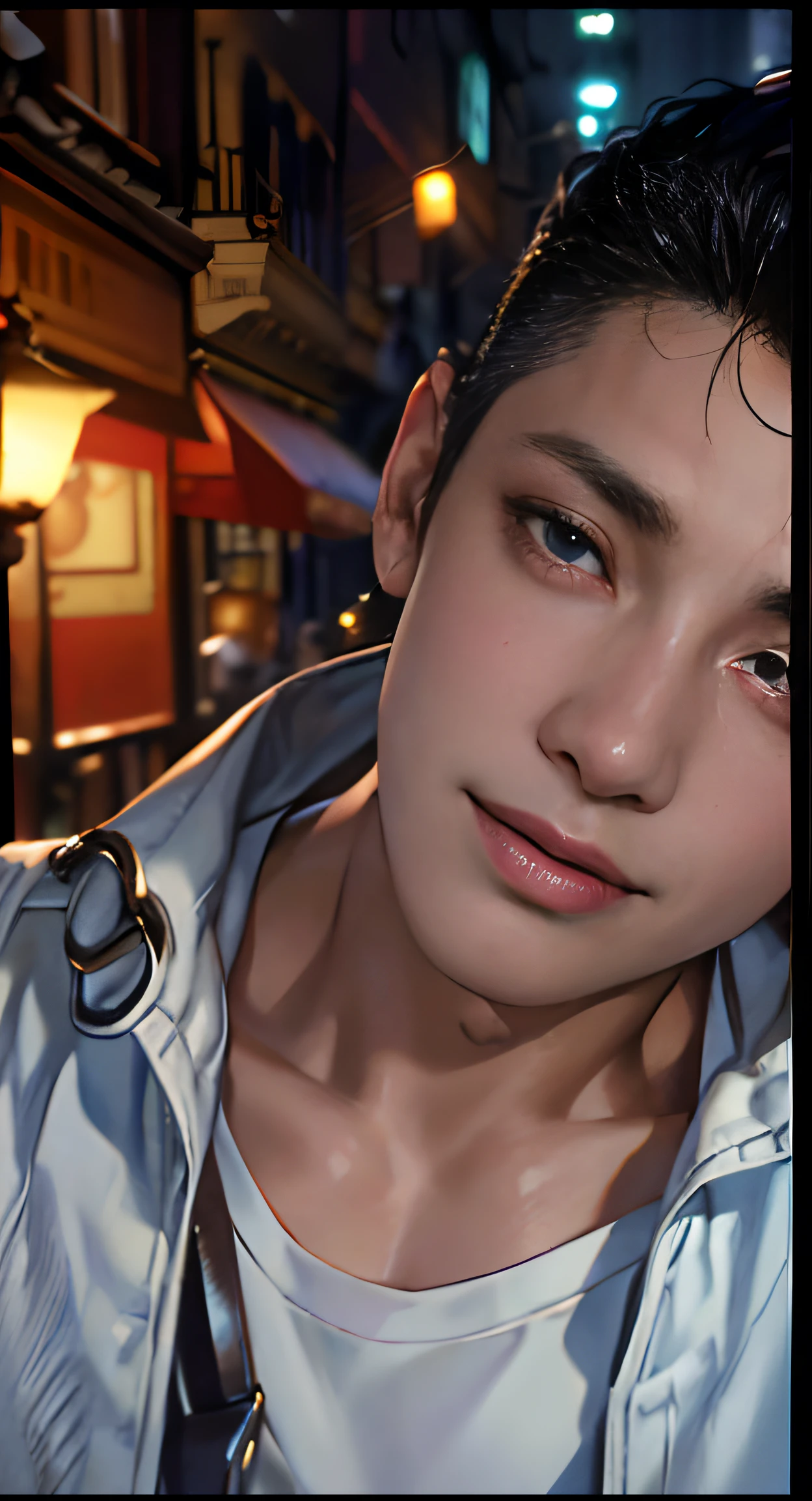(absurdres, highres, ultra detailed, HDR), masterpiece, best quality, 1boy, handsome, short hair, finely eye and detailed face, (white t-shirt), (jean jacket), dimple, forehead, night street, night city, midnight, selfie shot, light smile