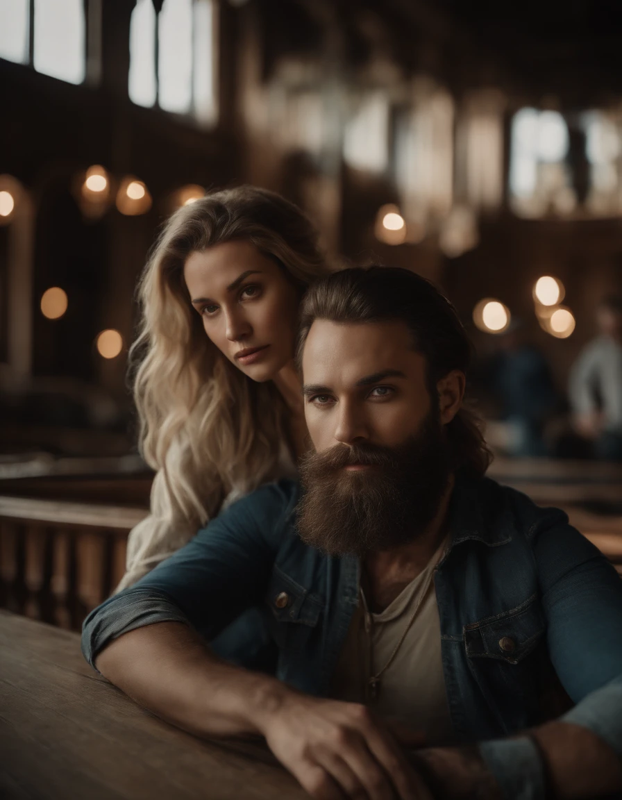 Cinematic portrait, ((Upper body)), Facing the audience, (reality :1.3), most beautiful artwork photo in the world, A woman and a man with big beard looking at the camera, Vintage denim outfits, Western cowboy, Detailed beautiful face, action  shot, (Intricate :1.4), Western background, photograph realistic, In the daytime, CG, art stand