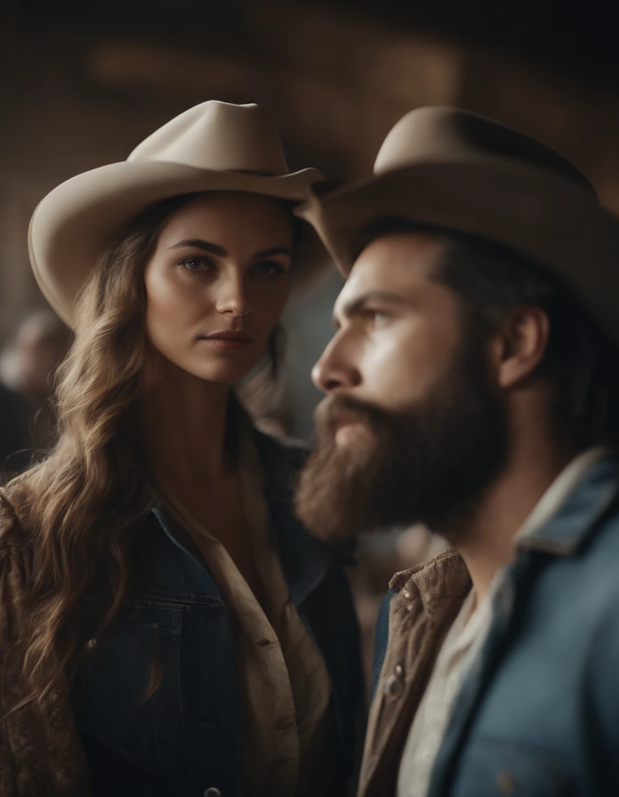 Cinematic portrait, ((Upper body)), Facing the audience, (reality :1.3), most beautiful artwork photo in the world, A woman and a man with big beard looking at the camera, Vintage denim outfits, Western cowboy, Detailed beautiful face, action shot, (Intricate :1.4), Western background, photograph realistic, In the daytime, CG, art stand