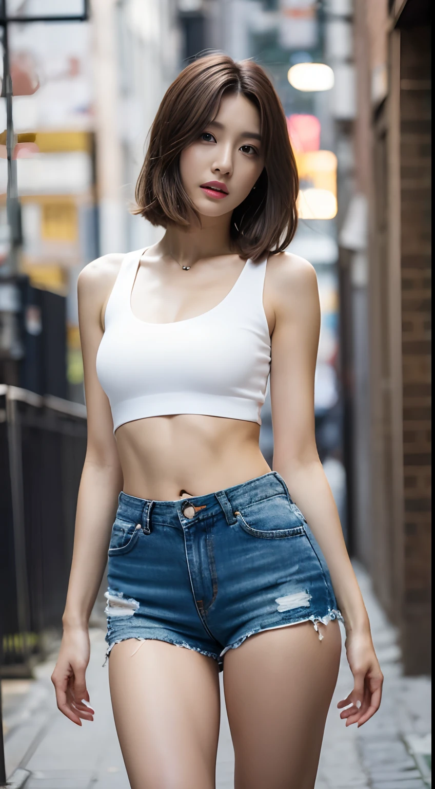 ((medium breast, tomboy girls, small head)), daylight, sunlight, (chiseled abs : 1.1), (perfect body : 1.1), (short wavy hair : 1.2) , auburn hair, collar, chain, full body shot, crowded street, wearing black tanktop, jeans jacket, ((shorttremely detailed CG 8k wallpaper), (an extremely delicate and beautiful), (masterpiece), (best quality:1.0), (ultra highres:1.0),  beautiful lighting ,perfect lightning, realistic shadows, [highres], detailed skin, ultra-detailed