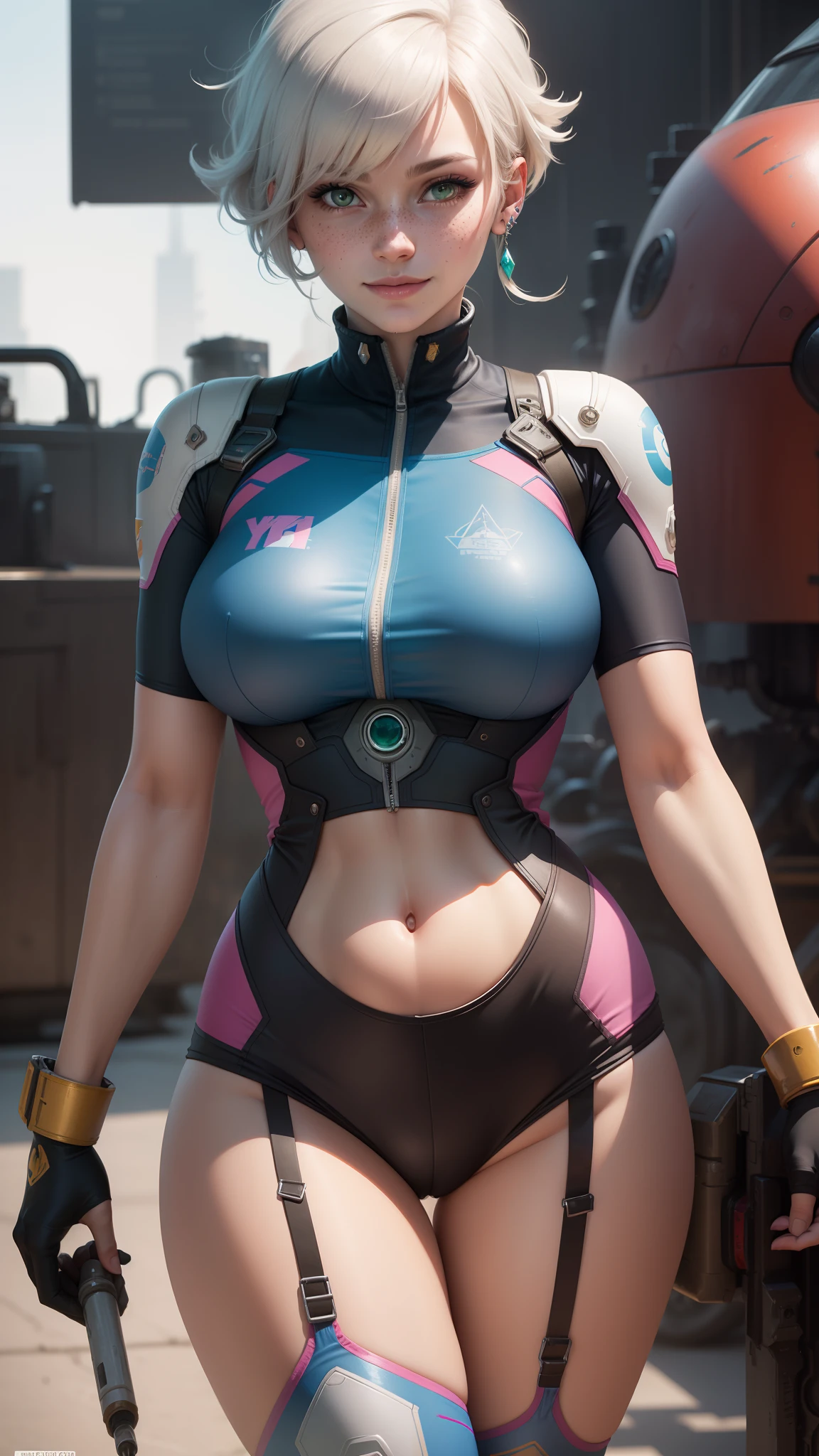 gwen tennyson,d.va,tracer,y'shtola rhul,rebecca chambers,overwatch,nier automata,close up,mech pilot,mech workshop,tattoos,pink and silver plugsuit,white short sleeve top,steel lycra shorts,garter belt,uncovered belly,short hair,cute makeup,green eyes,dimensional golden hair,shy smile,freckles,beautiful girl,large breasts,8k,ultra detailed,realistic,fantasy art,mech suit,techno suit,mechanic outfit,ear piercings,saiyan girl,saiyan female,white short sleeve mech jacket, wet shirt,