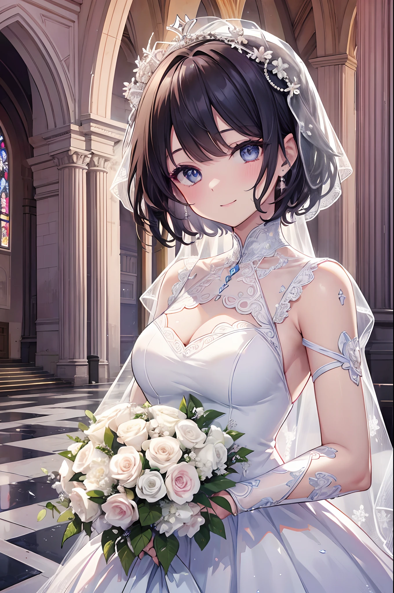 1womanl、、wedding dress、church background、Holding a bouquet in both hands、Happy smiling face、Ultra-detailed, finely detail, hight resolution, 8K picture quality, Perfect dynamic composition, Beautiful detailed eyes, Natural Lip,Strong eye power、extra very short hair, Abstract facial expressions