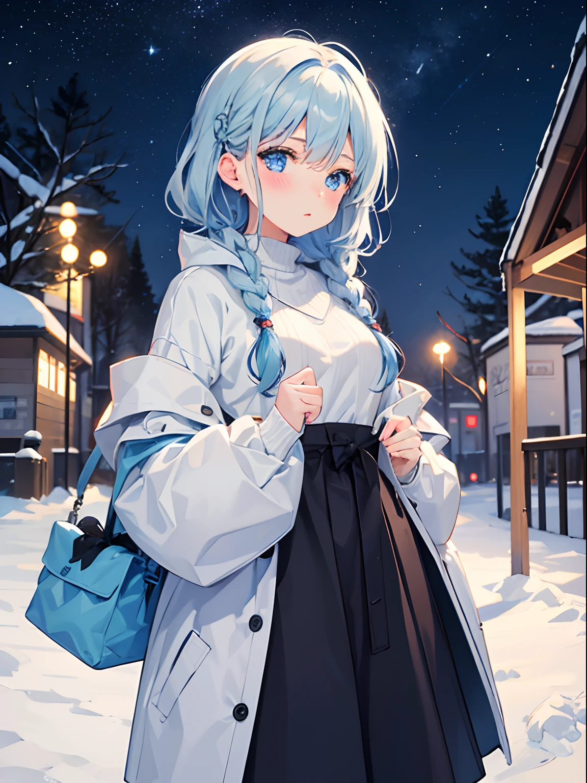 1girl in,Light Blue Medium Hair,Tying hair,Light blue eyes,Cute,blush,medium breasts⁩, winter, outdoors, night, starry sky, warm clothes