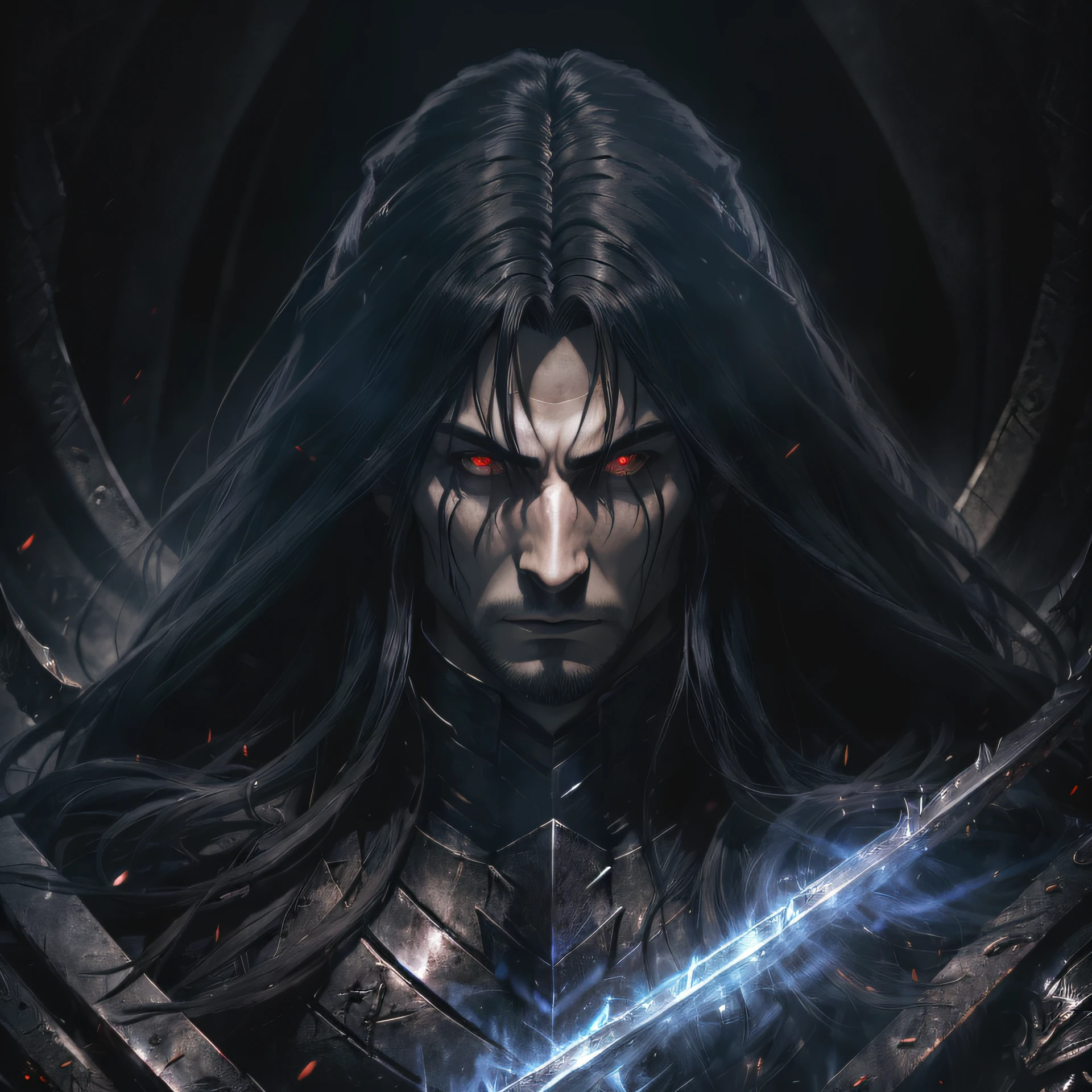 photorealistic, high resolution ,dark muscular male, Mordred evil lord with long black hair wearing black , dark muscular male evil lord with long black hair wearing black , look at viewer, (detailed face), sorcerer, dark souls style, fighting with boss