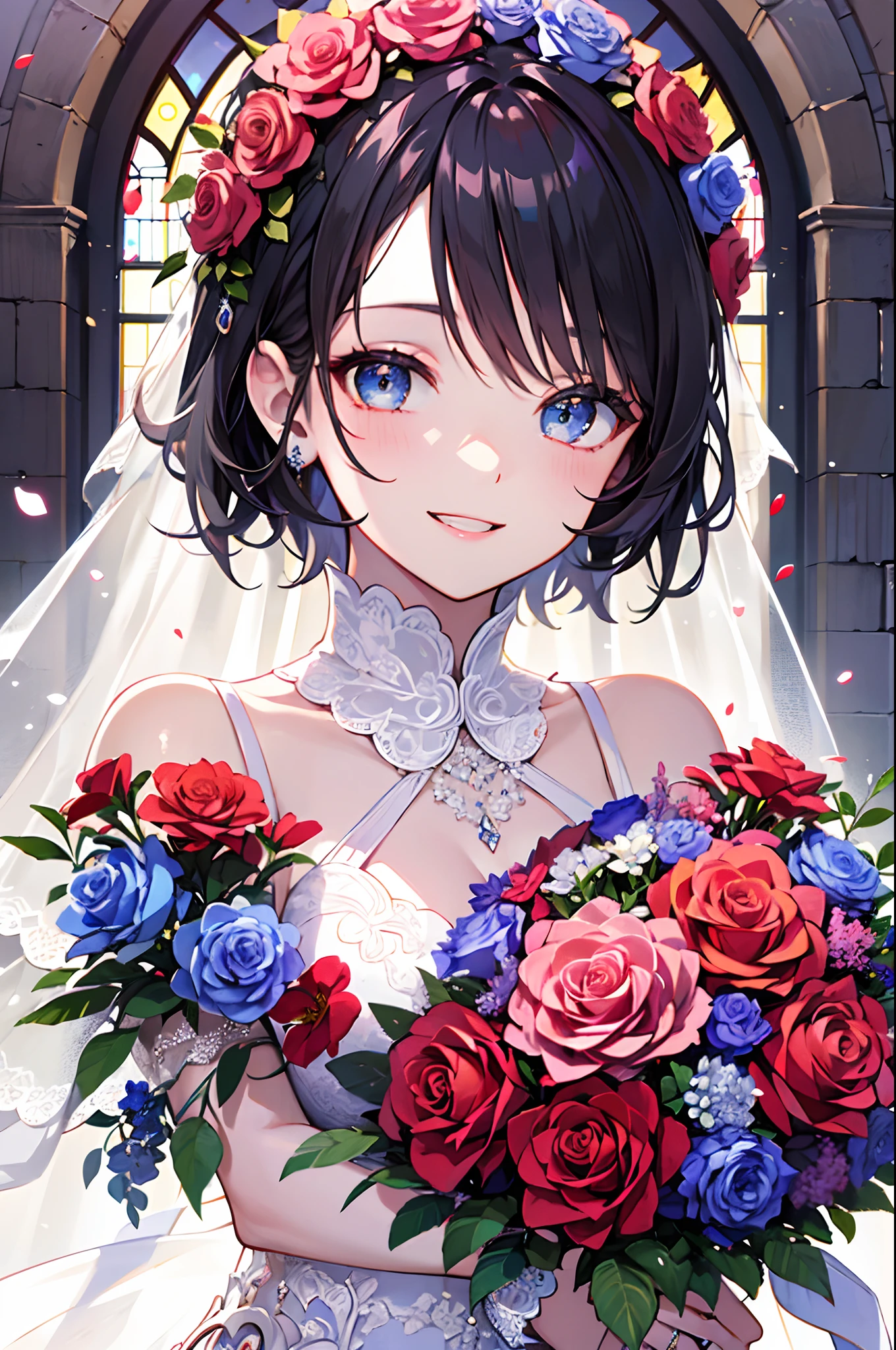 1womanl、、wedding dress、church background、Bouquet Toss、Happy smiling face、Ultra-detailed, finely detail, hight resolution, 8K picture quality, Perfect dynamic composition, Beautiful detailed eyes, Natural Lip,Strong eye power、extra very short hair, Abstract facial expressions