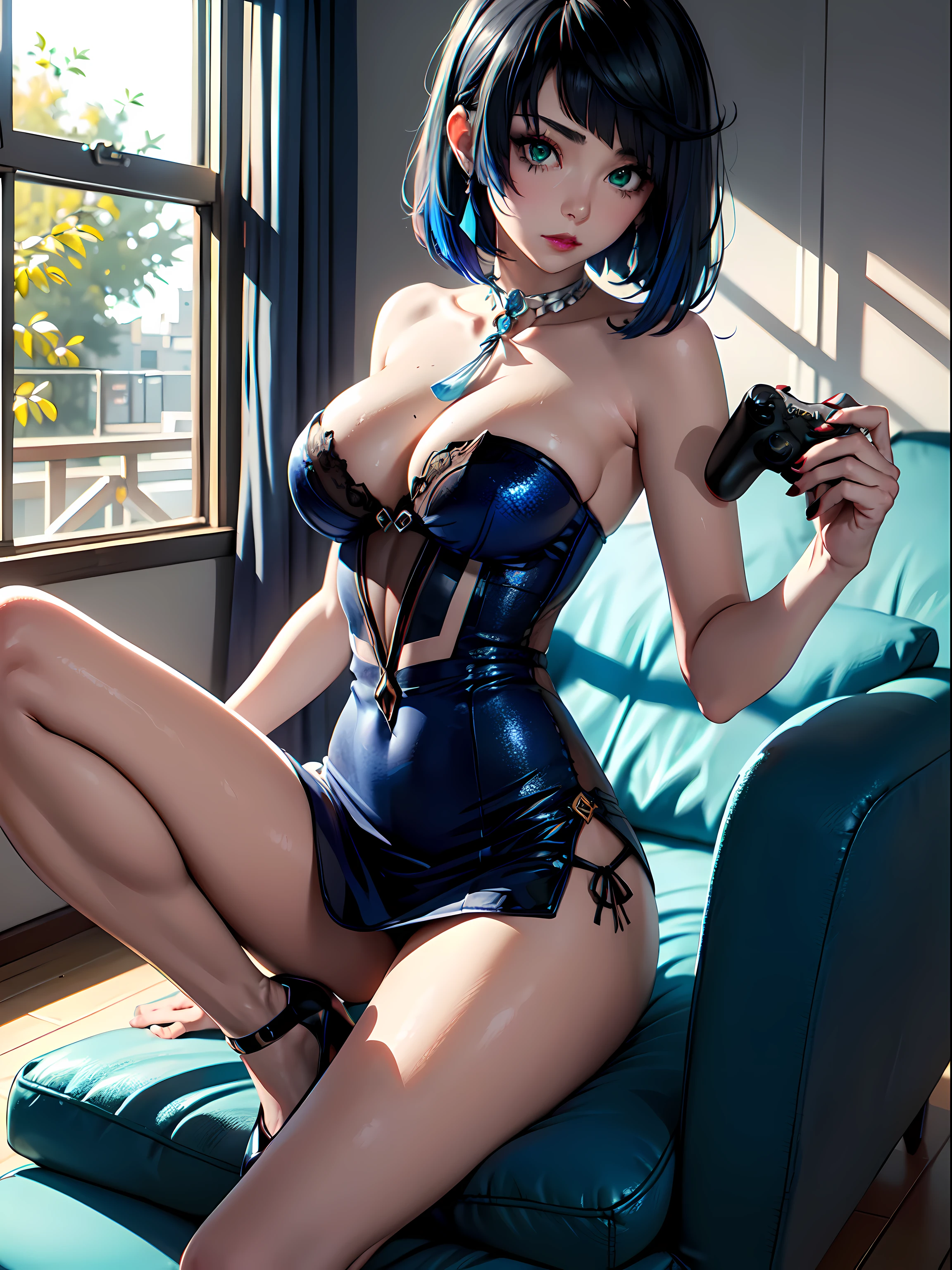 (8k:1.2), (masterpiece:1.2), (Solo), (Detailed eyes and skin), (detailed facial features), nffsw, Perfect Style, Beautiful face, Anatomically correct, Highly detailed face and skin texture, (Black eyes:1.5), Glossy skin, Sunlight, Ayana_taniguchi, (cowboy shot:1.3), yelan v4
BREAK (black mascara: 1.4), (dark gray rouge: 1.4), (very pale skin: 1.4), (blue cheeks: 1.3),
BREAK sitting in a gaming chair in a bedroom,
BREAK in sexy, short latex dress, ((wearing light blue glittery dress with asymmetrical:1.4) (very lons skirt: 1.4)) and lavers of lace and tulle, (wearing strapless and tight bodice:1.4), (wearing high heels:1.4) (holding a playstation controller:1.4)
BREAK (short dark blue hair banss:1.4), (dramatic makeup with black eyeshadow, evelashes, and lipstick, has green eyes and fierce look: 1.4) (large breasts: 1.4) (green eyes:1.4)