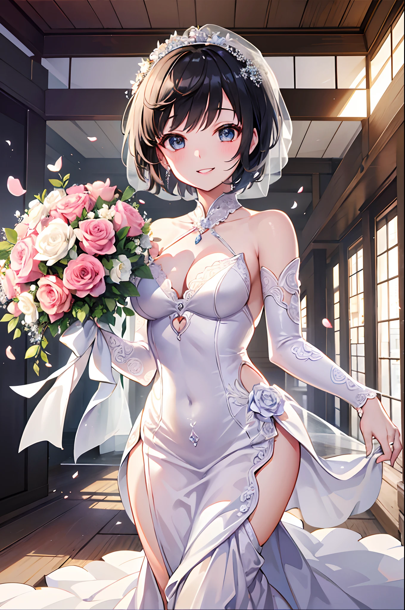 1womanl、、wedding dress、wedding hall、Bouquet Toss、Happy smiling face、Ultra-detailed, finely detail, hight resolution, 8K picture quality, Perfect dynamic composition, Beautiful detailed eyes, Natural Lip,Strong eye power、extra very short hair, Abstract facial expressions