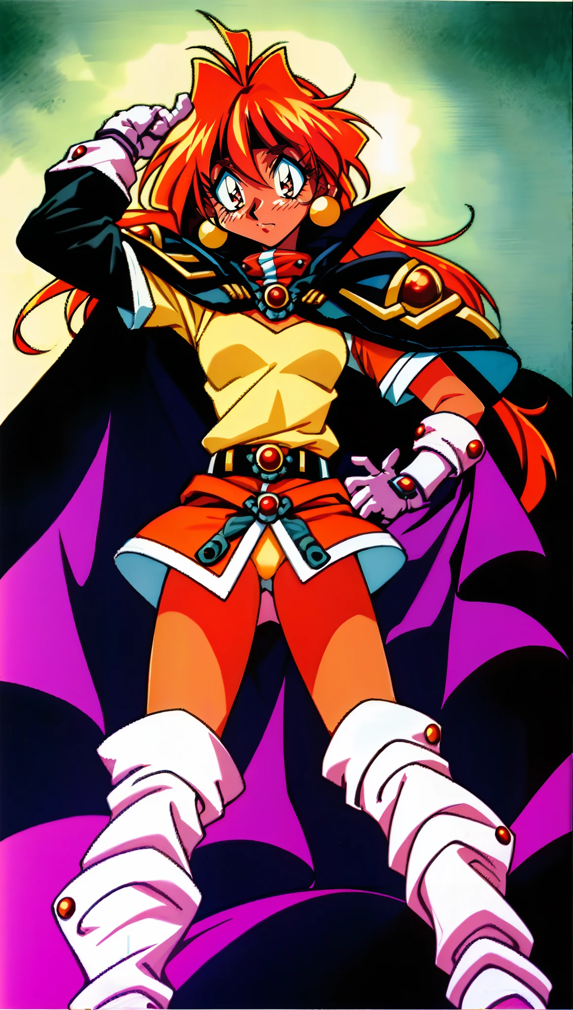 masterpiece, best quality, ultra-detailed, illustration, 1girl, 1990s \(style\), belt, boots, cape, earrings, gloves, headband, jewelry, lina inverse, long hair, pantyhose, red eyes, red hair, orange hair, retro artstyle, solo, traditional media,