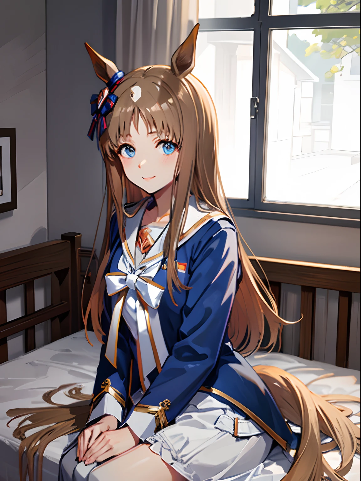 grass wonder \(Umamusume\), 1 girl, Solo, Best Quality, masutepiece, 8K, High resolution, Ultra-detailed, Sitting on the bed, bed sheet, lightsmile, Blue jacket, White sailor color, Long sleeves, White skirt,