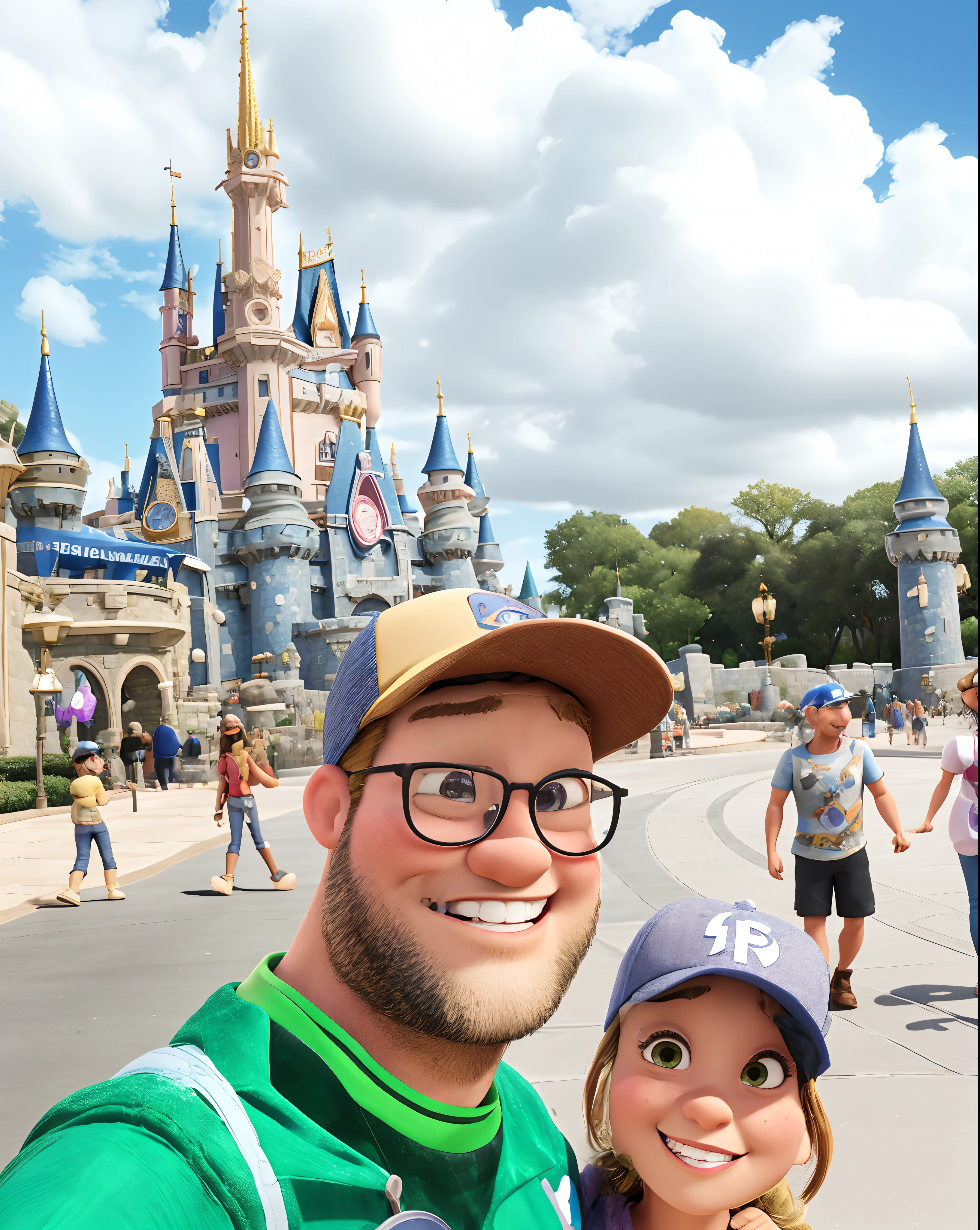 Man and woman in cap, sorridentes com castelo do Magic kingdom ao fundo, estilo Disney pixar